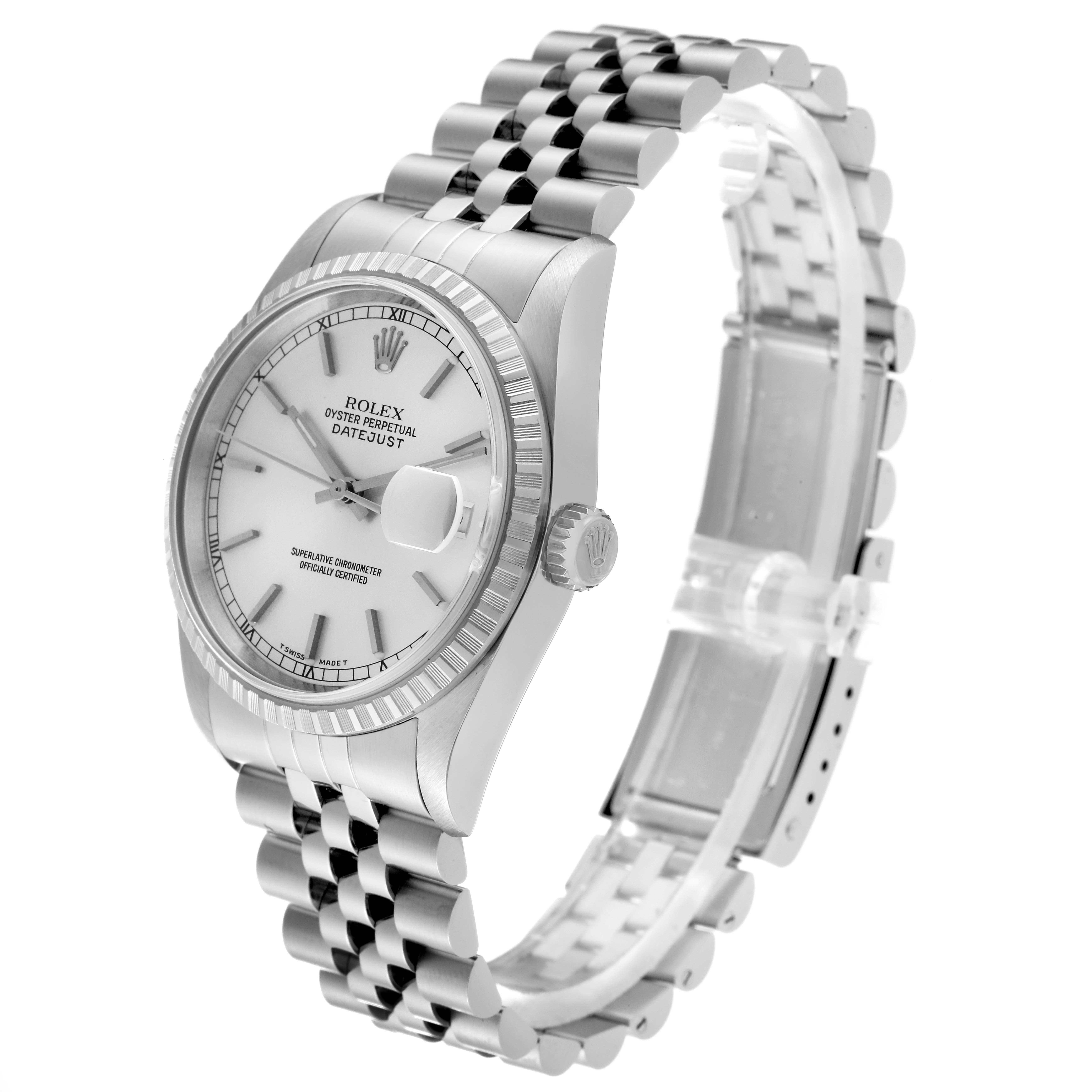 This side-angle image of the Rolex Datejust 16220 Men's Stainless Steel Silver Dial 16220 Men's Stainless Steel Silver Dial watch showcases the face, bezel, crown, and Jubilee bracelet.