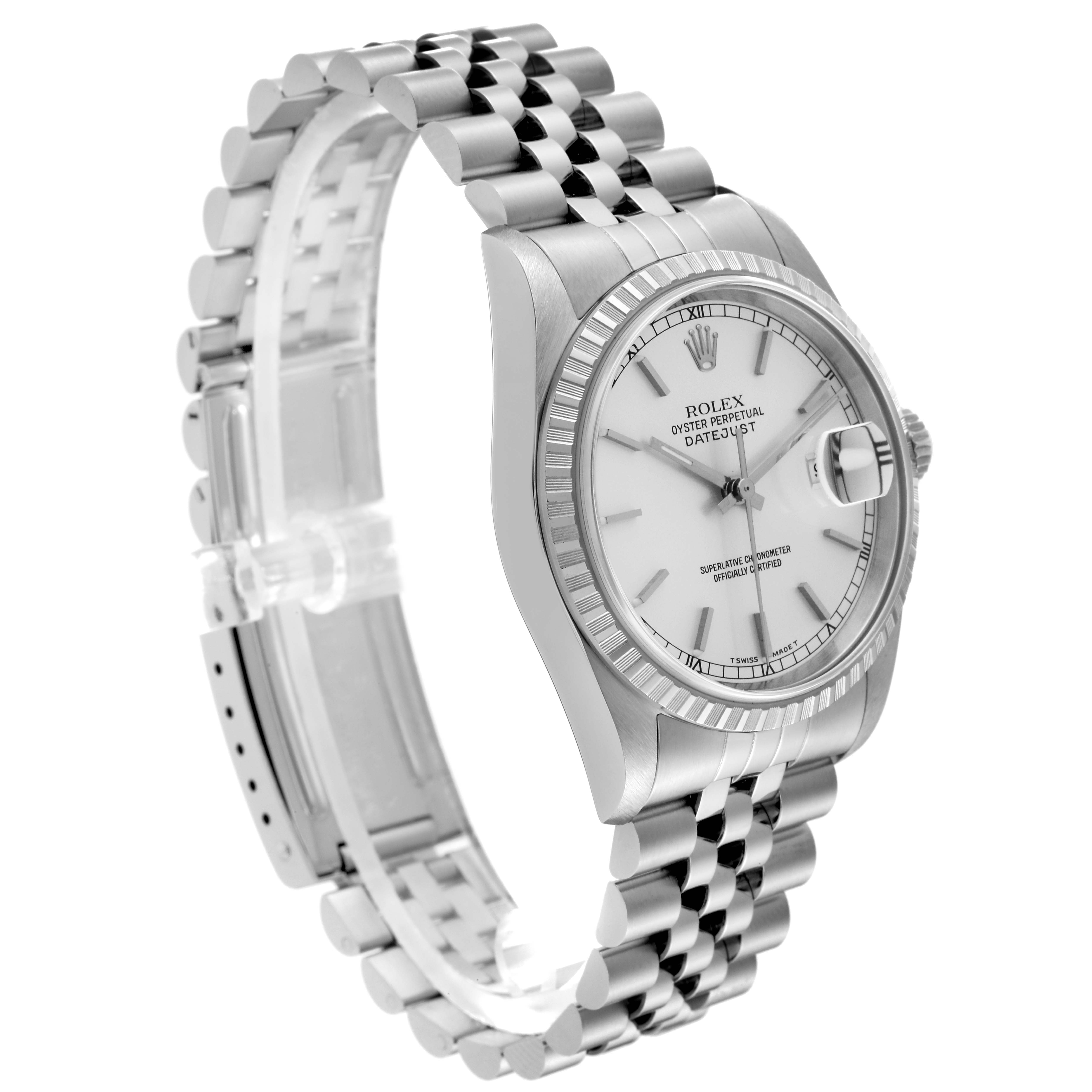 The image shows a side-angle view of a Rolex Datejust 16220 Men's Stainless Steel Silver Dial 16220 Men's Stainless Steel Silver Dial watch, highlighting its bracelet, crown, and face with a white dial and date window.