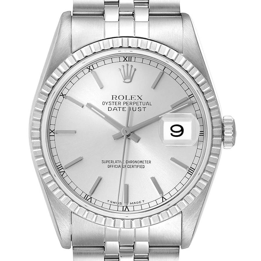 This image shows the front view of a Rolex Datejust 16220 Men's Stainless Steel Silver Dial 16220 Men's Stainless Steel Silver Dial watch, featuring the dial, bezel, and part of the bracelet.