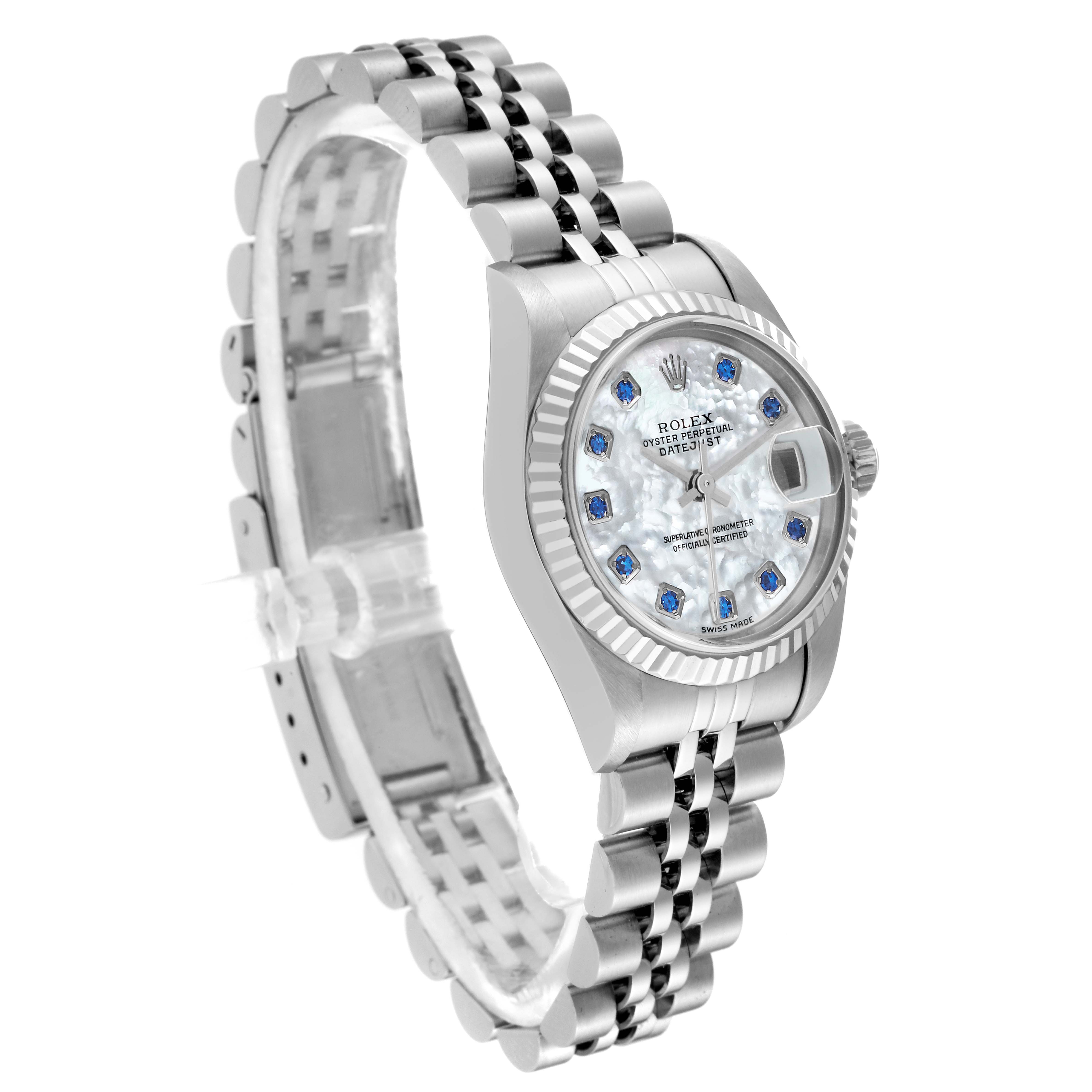 The Rolex Datejust 79174 Women's Stainless Steel Mother of Pearl Dial 79174 Women's Stainless Steel Mother of Pearl Dial watch is shown at an angle displaying the face, bezel, crown, and part of the strap.