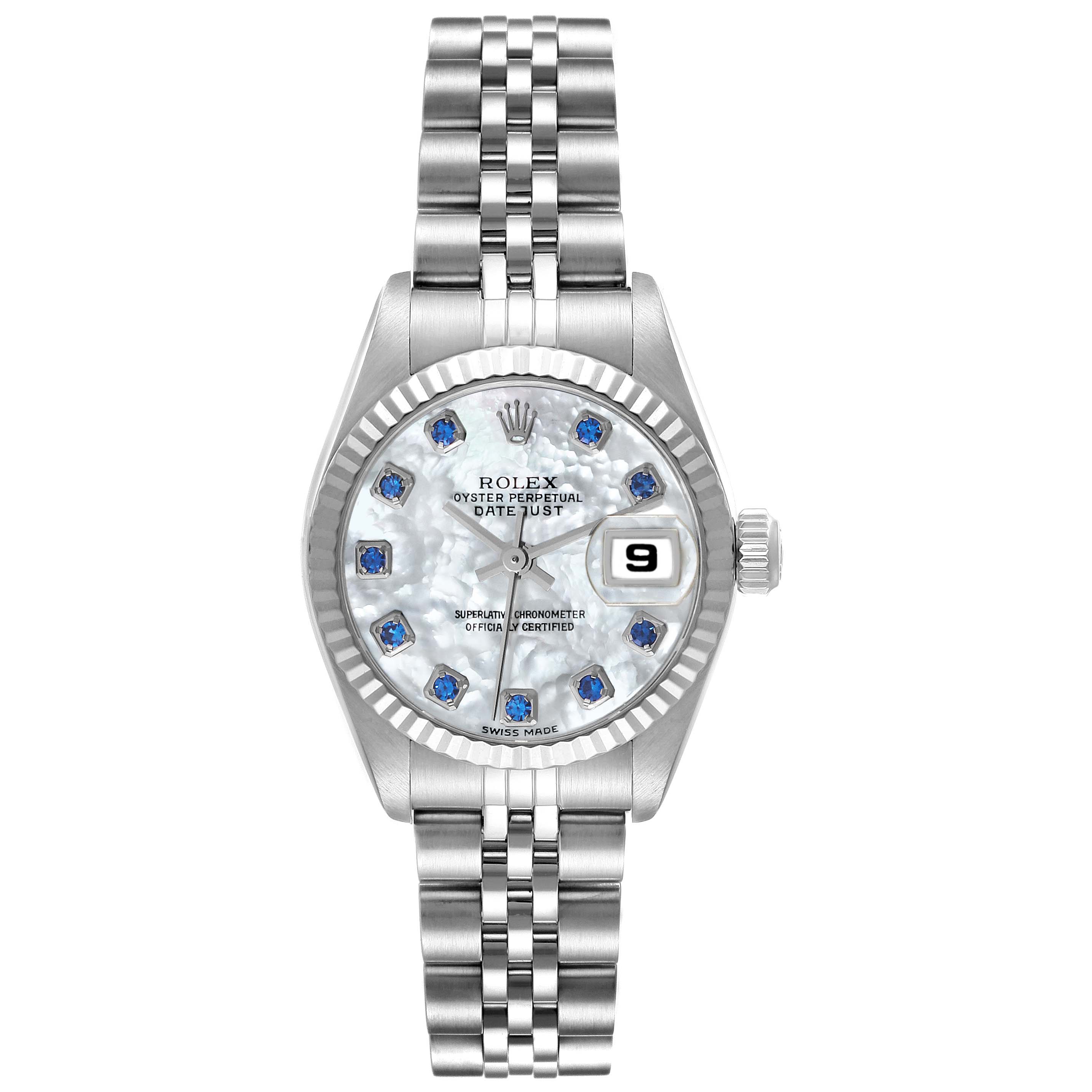 The image shows a Rolex Datejust 79174 Women's Stainless Steel Mother of Pearl Dial 79174 Women's Stainless Steel Mother of Pearl Dial watch from a top-down angle, displaying its face, bezel, crown, and bracelet.
