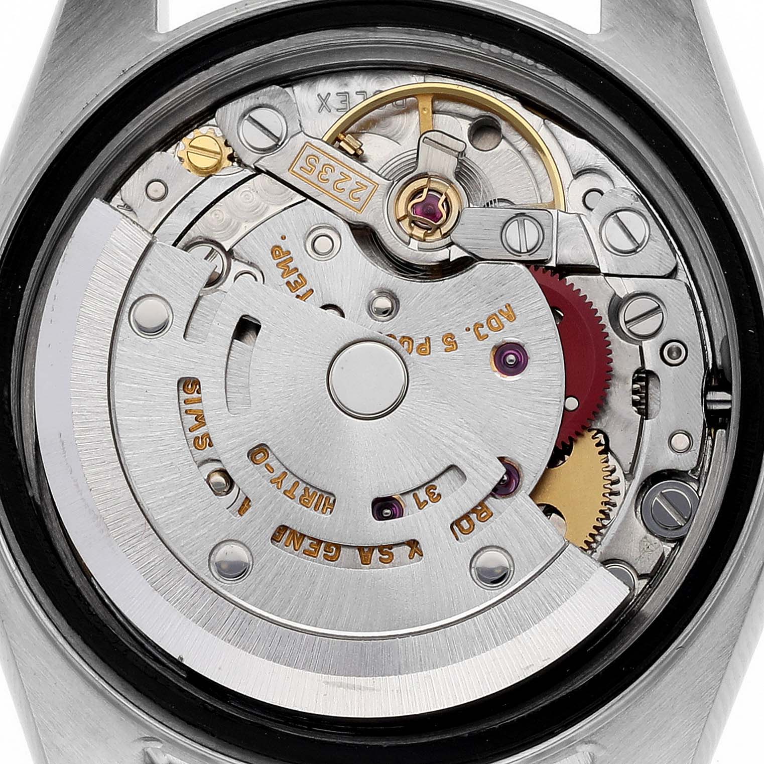 This image shows a close-up view of the internal mechanism of a Rolex Datejust 79174 Women's Stainless Steel Mother of Pearl Dial 79174 Women's Stainless Steel Mother of Pearl Dial watch, highlighting its intricate components.