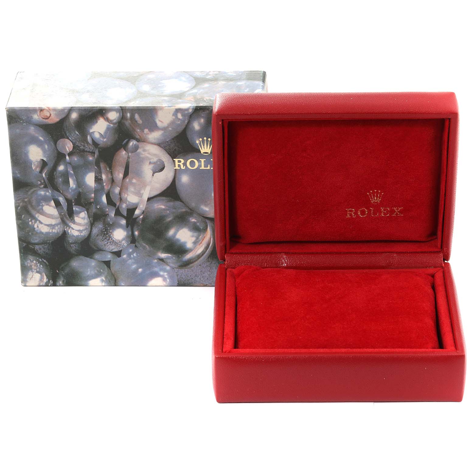 The image shows a red Rolex Datejust 79174 Women's Stainless Steel Mother of Pearl Dial 79174 Women's Stainless Steel Mother of Pearl Dial watch box, open to reveal the interior, alongside its outer decorative box.