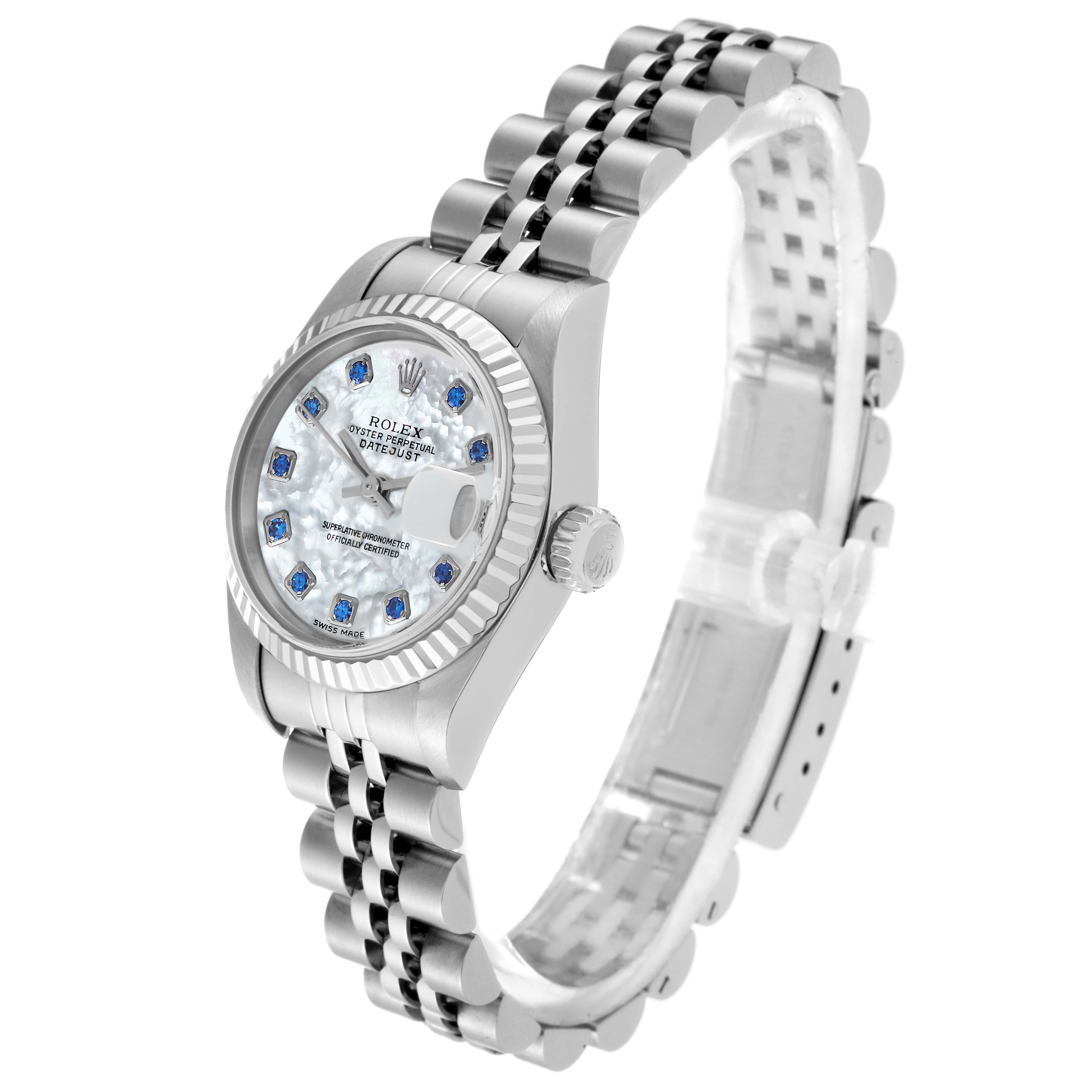 The image shows a Rolex Datejust 79174 Women's Stainless Steel Mother of Pearl Dial 79174 Women's Stainless Steel Mother of Pearl Dial watch at a slight angle highlighting the face, bezel, crown, and the Jubilee bracelet.