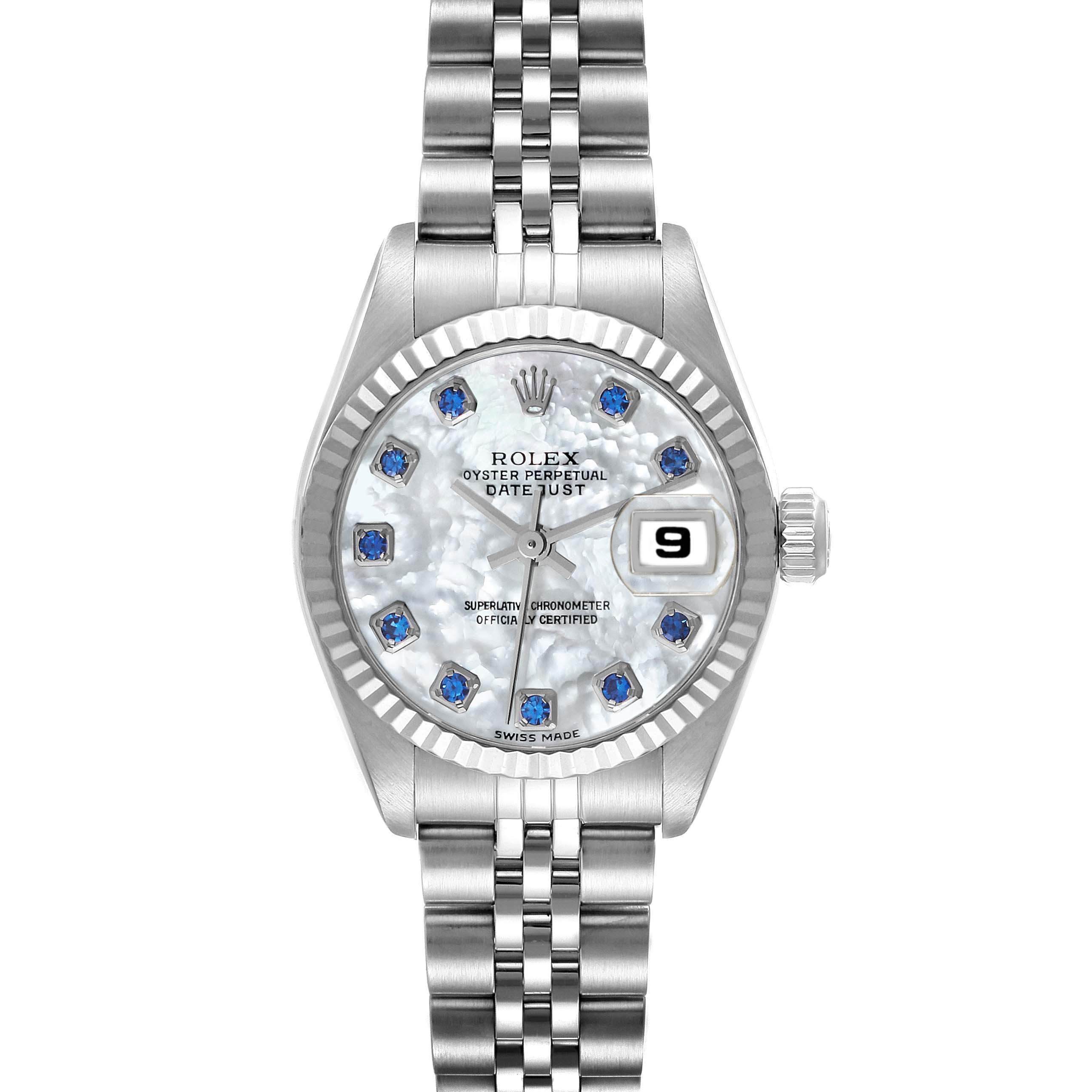 The Rolex Datejust 79174 Women's Stainless Steel Mother of Pearl Dial 79174 Women's Stainless Steel Mother of Pearl Dial watch is shown from a top-down view, highlighting the dial, bezel, and bracelet.