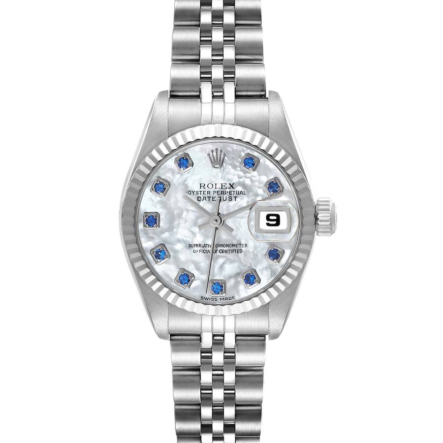 The Rolex Datejust 79174 Women's Stainless Steel Mother of Pearl Dial 79174 Women's Stainless Steel Mother of Pearl Dial watch is shown from a top-down view, highlighting the dial, bezel, and bracelet.