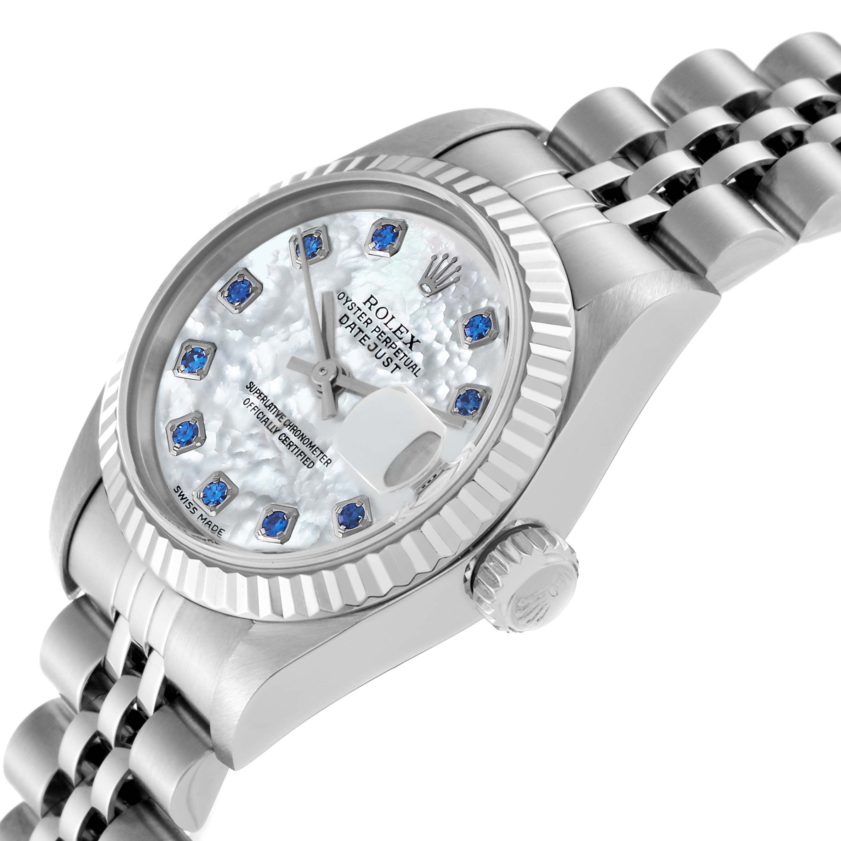 The Rolex Datejust 79174 Women's Stainless Steel Mother of Pearl Dial 79174 Women's Stainless Steel Mother of Pearl Dial watch is shown at an angled side view, displaying the dial, bezel, crown, and part of the bracelet.
