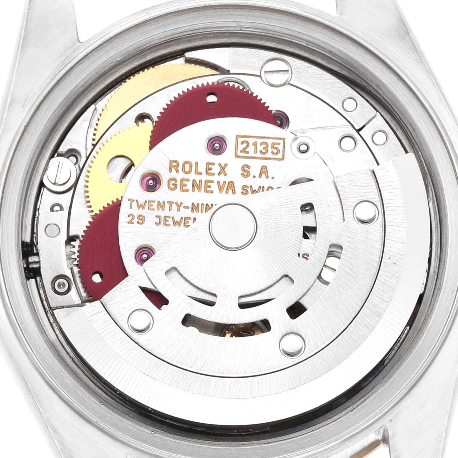 This image shows the inner mechanical movement of a Rolex Datejust 69173G Women's Steel and Gold (two tone) Champagne Dial 69173G Women's Steel and Gold (two tone) Champagne Dial watch from a back angle.