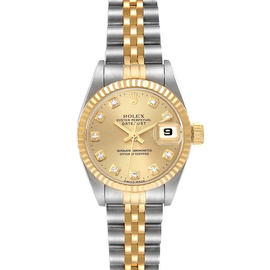 The image shows a front view of a Rolex Datejust 69173G Women's Steel and Gold (two tone) Champagne Dial 69173G Women's Steel and Gold (two tone) Champagne Dial model, displaying the face, bezel, and two-tone bracelet.