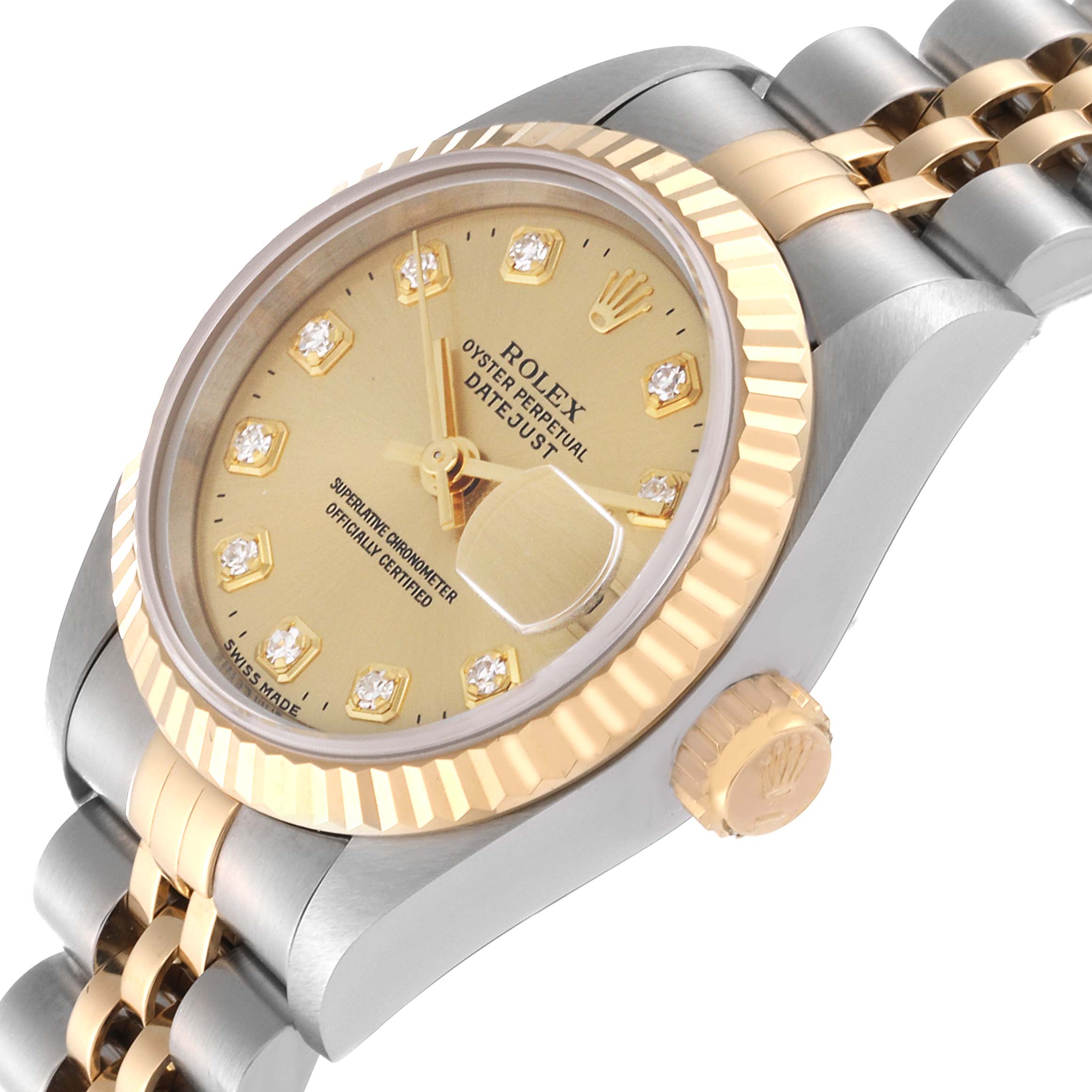 The image shows a Rolex Datejust 69173G Women's Steel and Gold (two tone) Champagne Dial 69173G Women's Steel and Gold (two tone) Champagne Dial watch angled slightly from the left, displaying the face, bezel, crown, and bracelet.