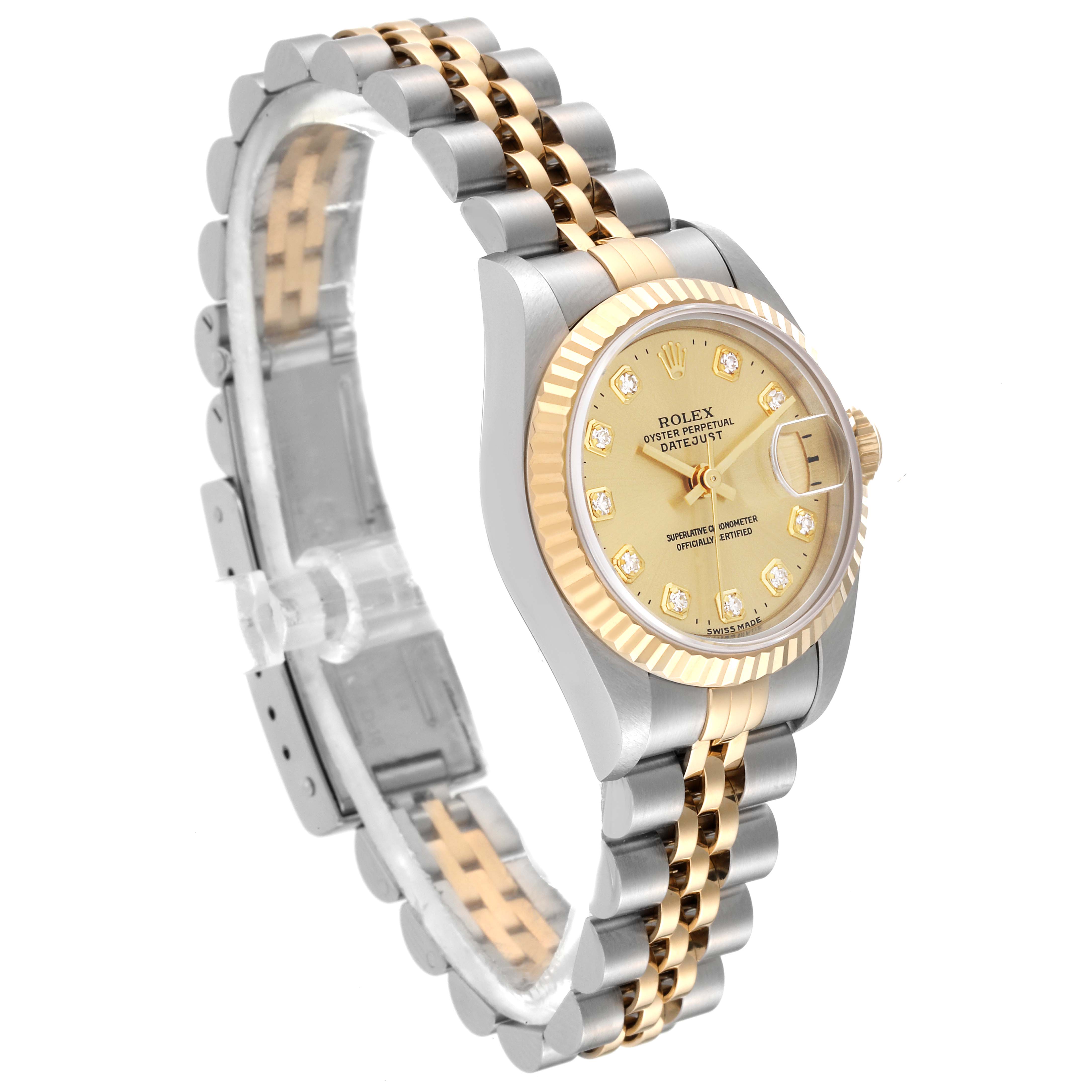 The image shows a Rolex Datejust 69173G Women's Steel and Gold (two tone) Champagne Dial 69173G Women's Steel and Gold (two tone) Champagne Dial watch at an angled side view, highlighting its dial, fluted bezel, and two-tone jubilee bracelet.