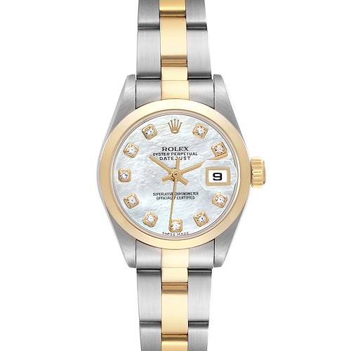The Rolex Datejust 79163 Women's Steel and Gold (two tone) Mother of Pearl Dial 79163 Women's Steel and Gold (two tone) Mother of Pearl Dial is shown from a top view, displaying the face, dial, case, bezel, and part of the bracelet.
