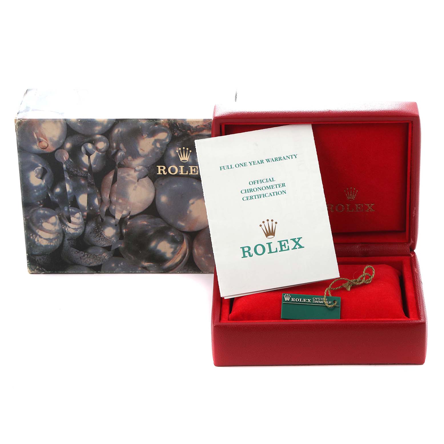 The image shows a Rolex Datejust 79163 Women's Steel and Gold (two tone) Mother of Pearl Dial 79163 Women's Steel and Gold (two tone) Mother of Pearl Dial's box, certificate, and tag, viewed from the front.