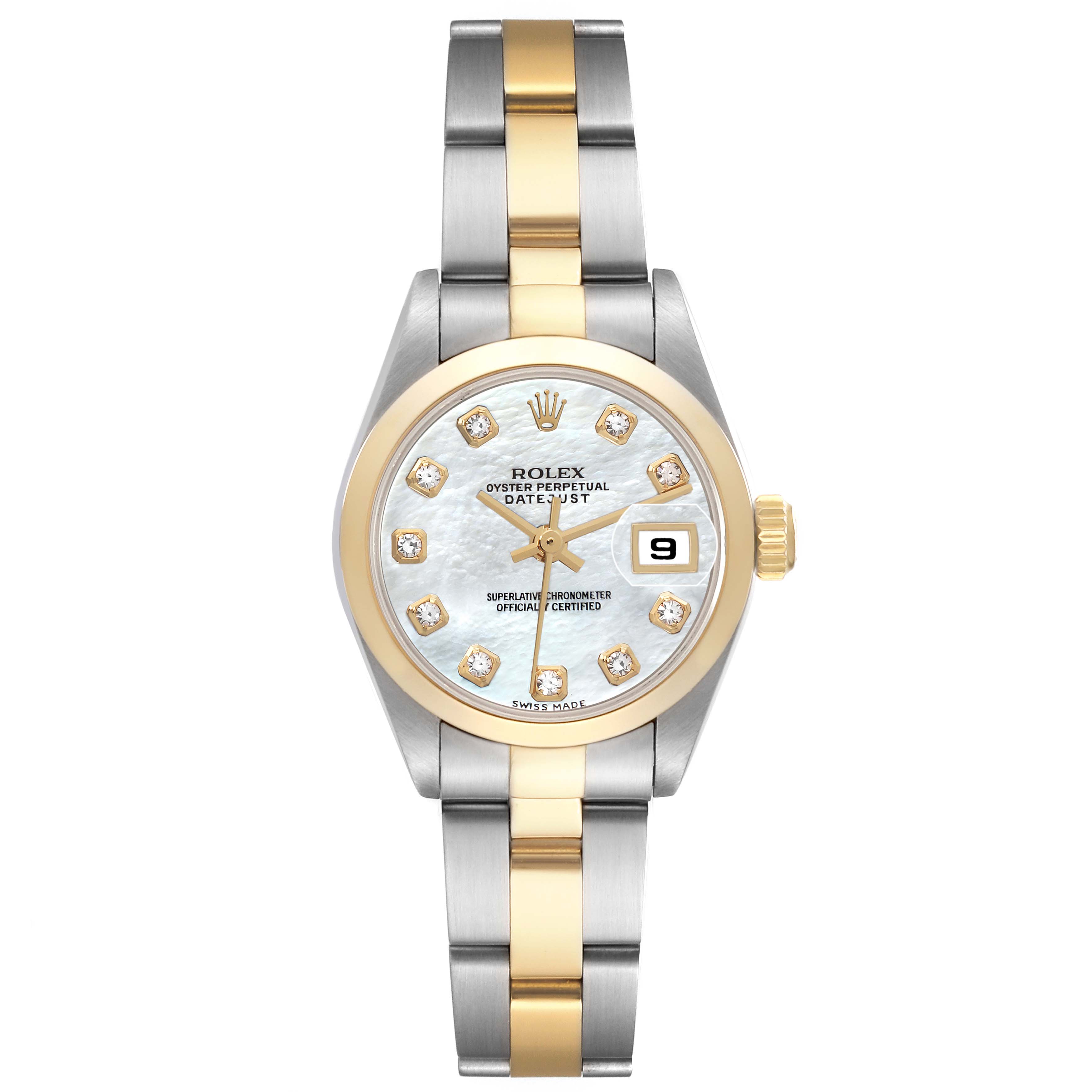 The Rolex Datejust 79163 Women's Steel and Gold (two tone) Mother of Pearl Dial 79163 Women's Steel and Gold (two tone) Mother of Pearl Dial is shown from a top-down angle, displaying the dial, bezel, bracelet, and crown.