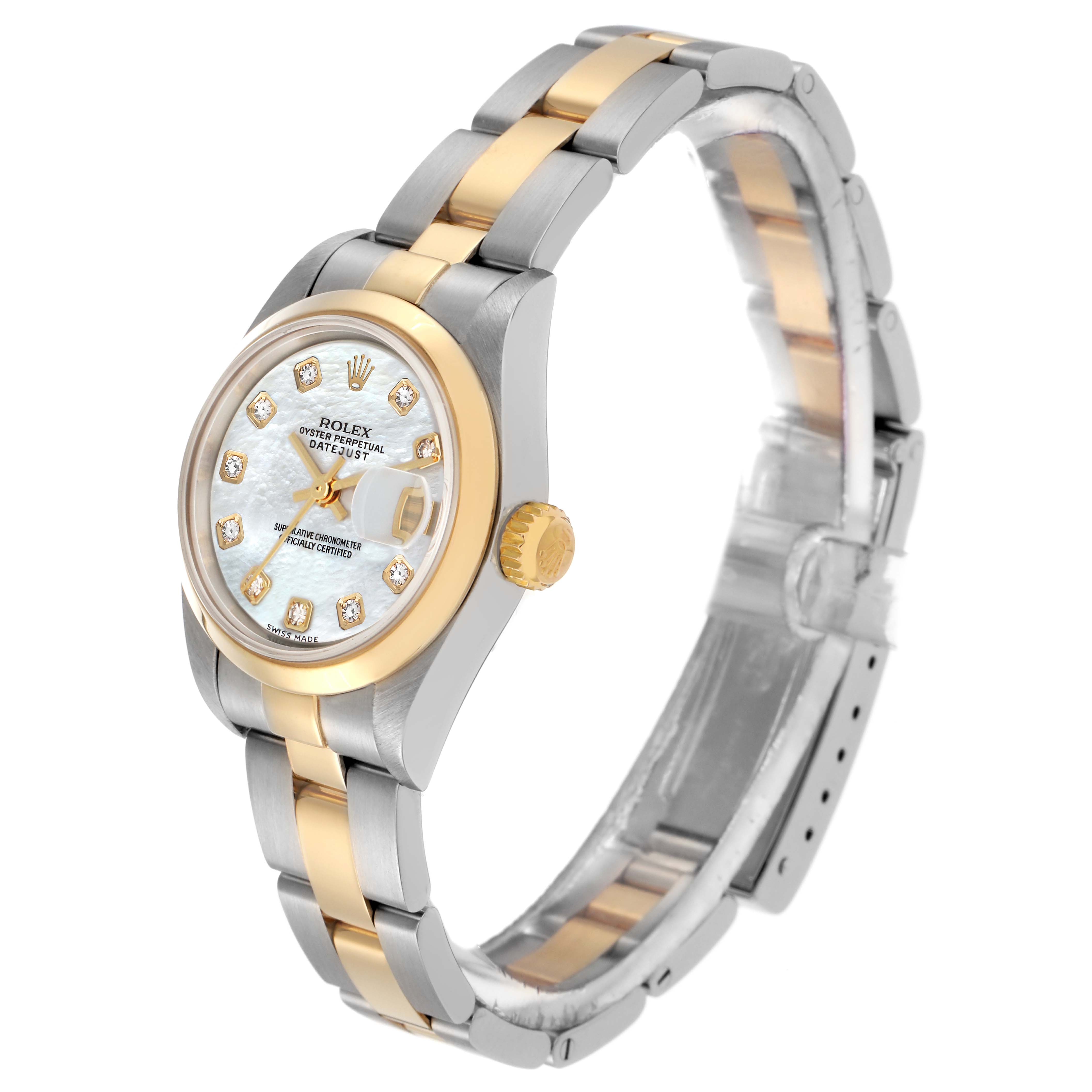 The Rolex Datejust 79163 Women's Steel and Gold (two tone) Mother of Pearl Dial 79163 Women's Steel and Gold (two tone) Mother of Pearl Dial watch is shown at a three-quarter angle, highlighting the gold bezel, dial, bracelet, and side crown.