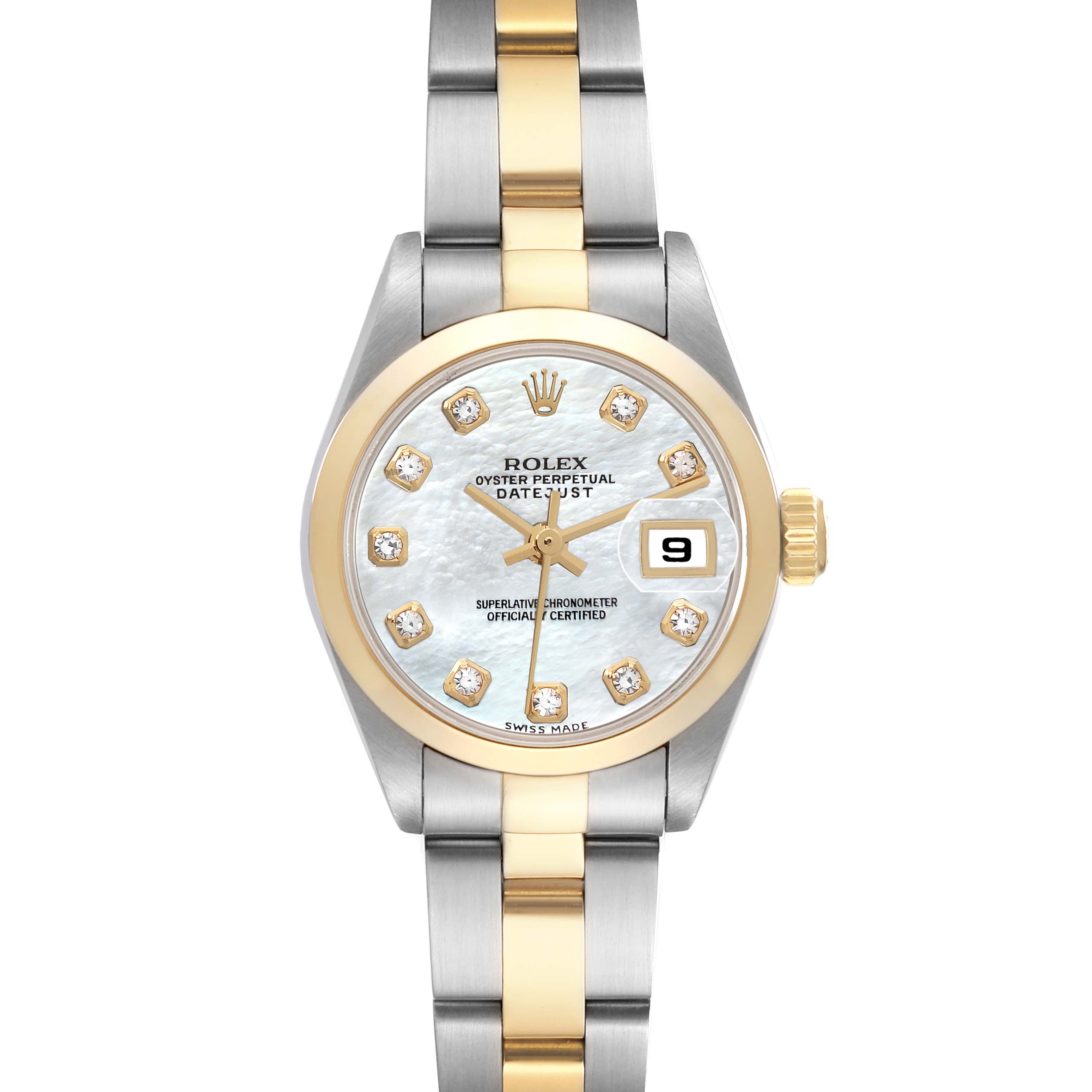 The Rolex Datejust 79163 Women's Steel and Gold (two tone) Mother of Pearl Dial 79163 Women's Steel and Gold (two tone) Mother of Pearl Dial watch is shown from the front, highlighting the dial, bezel, hands, and bracelet.