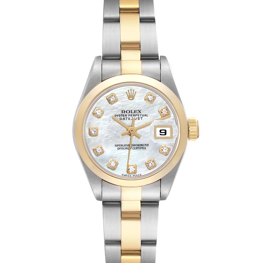The Rolex Datejust 79163 Women's Steel and Gold (two tone) Mother of Pearl Dial 79163 Women's Steel and Gold (two tone) Mother of Pearl Dial watch is shown from the front, highlighting the dial, bezel, hands, and bracelet.