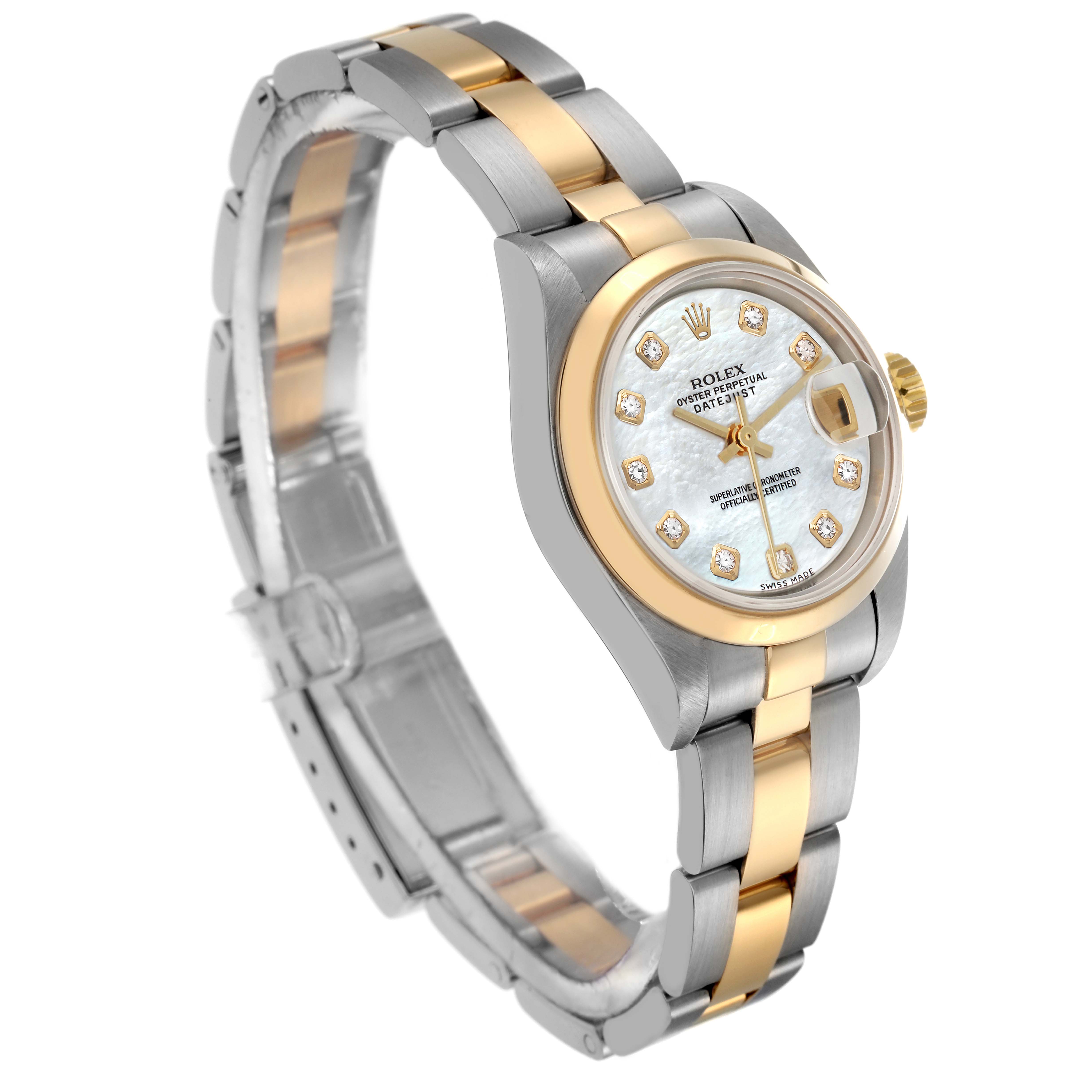 The Rolex Datejust 79163 Women's Steel and Gold (two tone) Mother of Pearl Dial 79163 Women's Steel and Gold (two tone) Mother of Pearl Dial watch is shown from an angled perspective, highlighting the two-tone bracelet and diamond-accented mother-of-pearl dial.