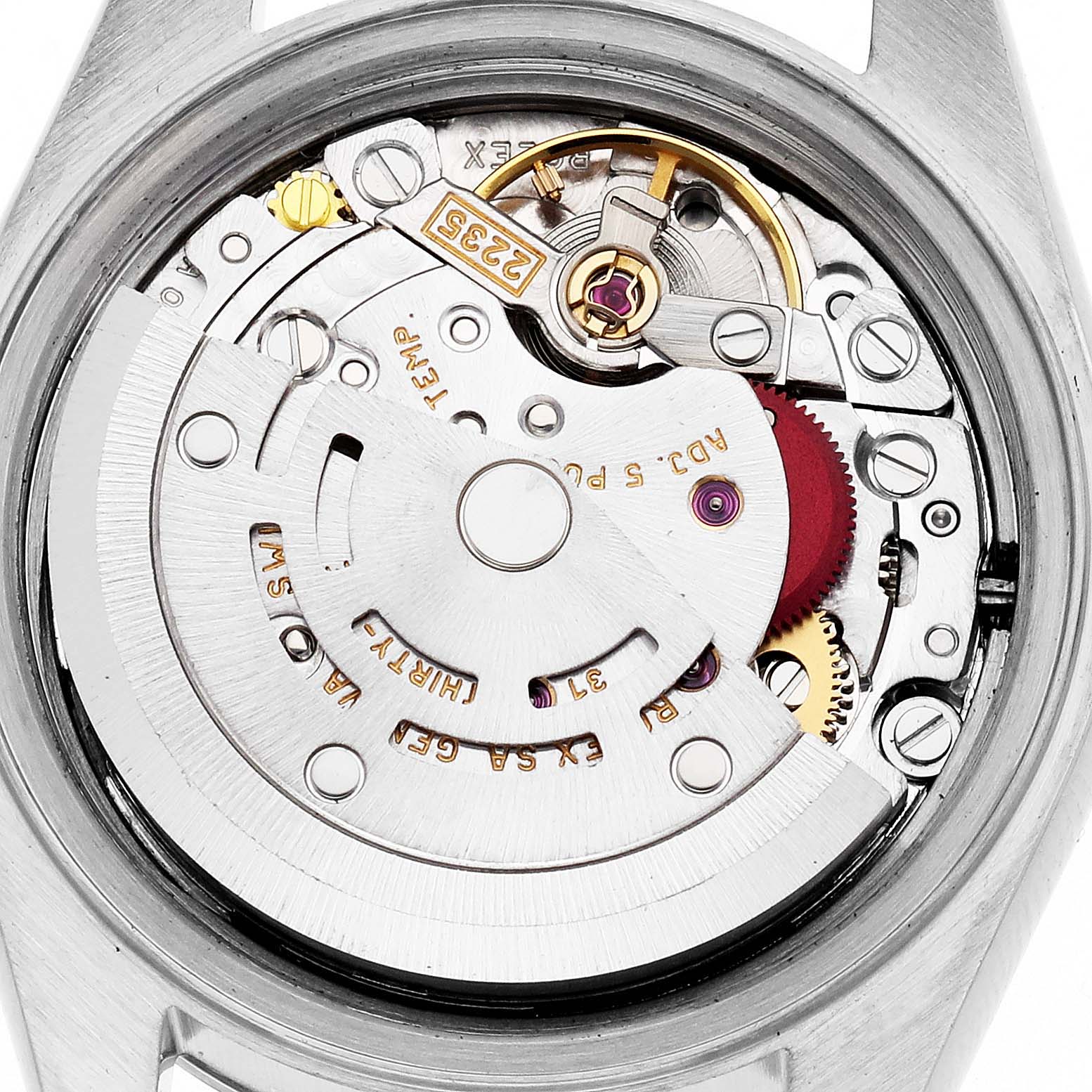 The image shows the movement mechanism of a Rolex Datejust 79163 Women's Steel and Gold (two tone) Mother of Pearl Dial 79163 Women's Steel and Gold (two tone) Mother of Pearl Dial watch, viewed from the back.
