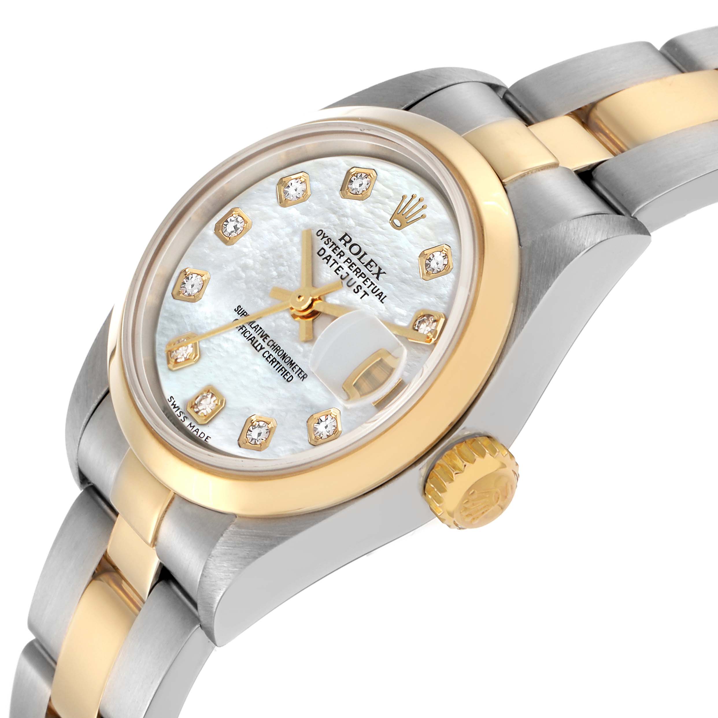 The Rolex Datejust 79163 Women's Steel and Gold (two tone) Mother of Pearl Dial 79163 Women's Steel and Gold (two tone) Mother of Pearl Dial watch is shown at a slight angle, highlighting the dial, bezel, crown, and part of the bracelet.