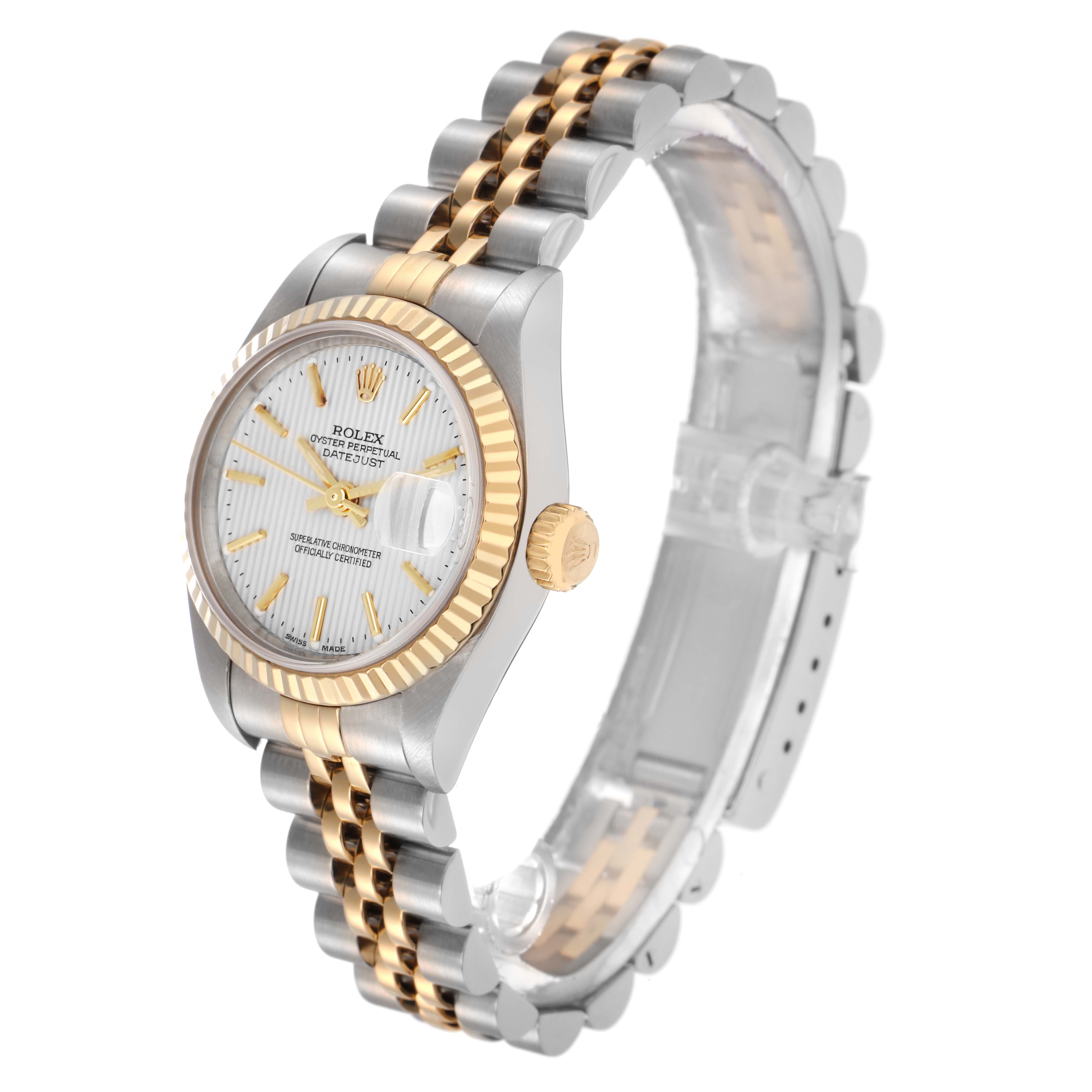 The Rolex Datejust 79173 Women's Steel and Gold (two tone) Silver Dial 79173 Women's Steel and Gold (two tone) Silver Dial watch is shown at an angled side view, highlighting the face, bezel, crown, and bracelet.