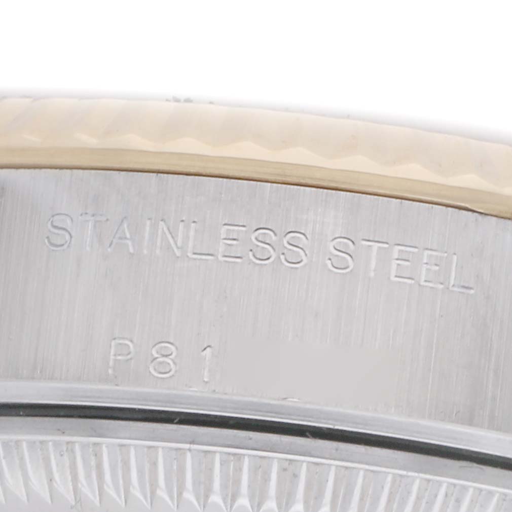 The image shows a close-up of the case back with "STAINLESS STEEL" engraving on the Rolex Datejust 79173 Women's Steel and Gold (two tone) Silver Dial 79173 Women's Steel and Gold (two tone) Silver Dial watch.