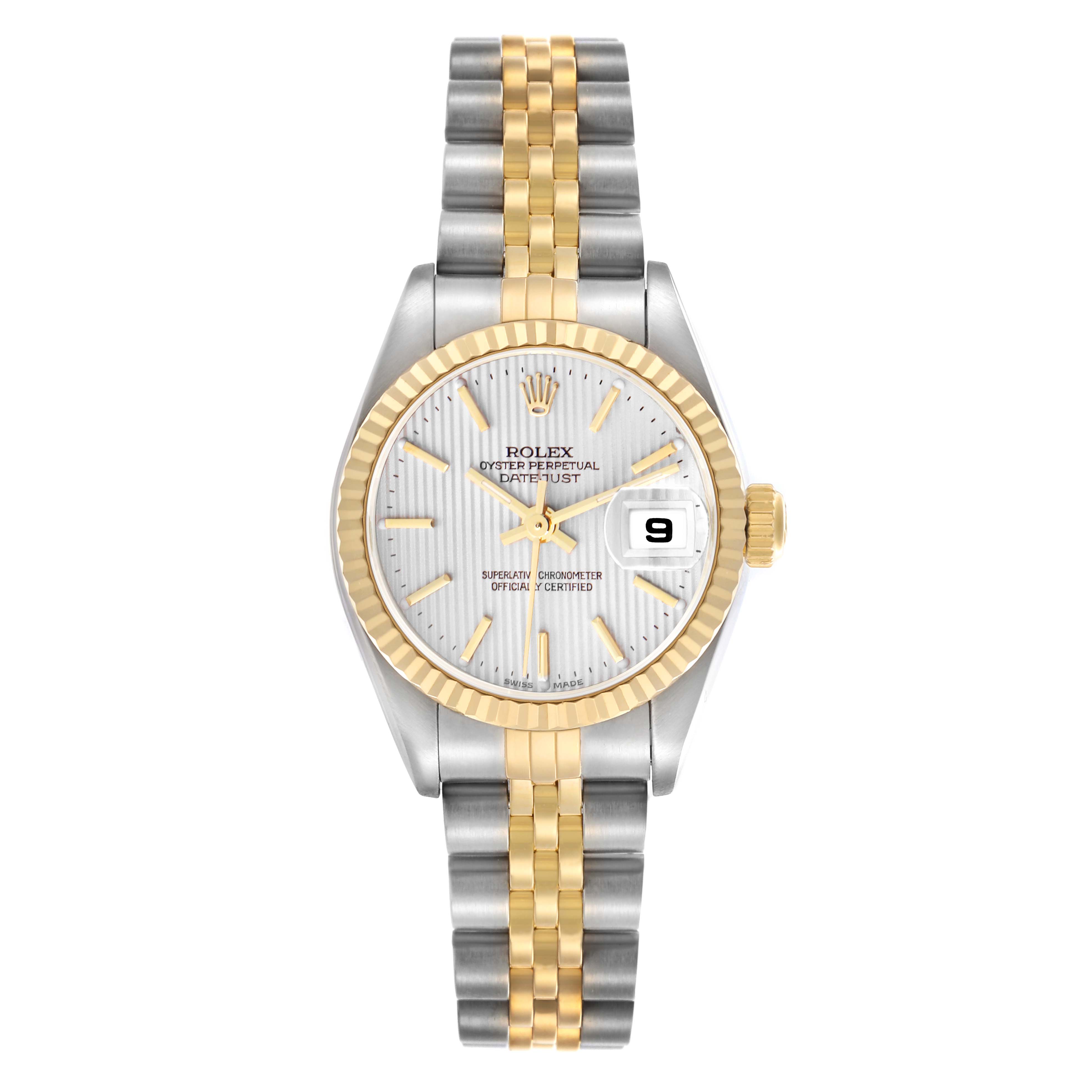 The Rolex Datejust 79173 Women's Steel and Gold (two tone) Silver Dial 79173 Women's Steel and Gold (two tone) Silver Dial watch is shown from a front angle, displaying the face, bezel, crown, and bracelet.