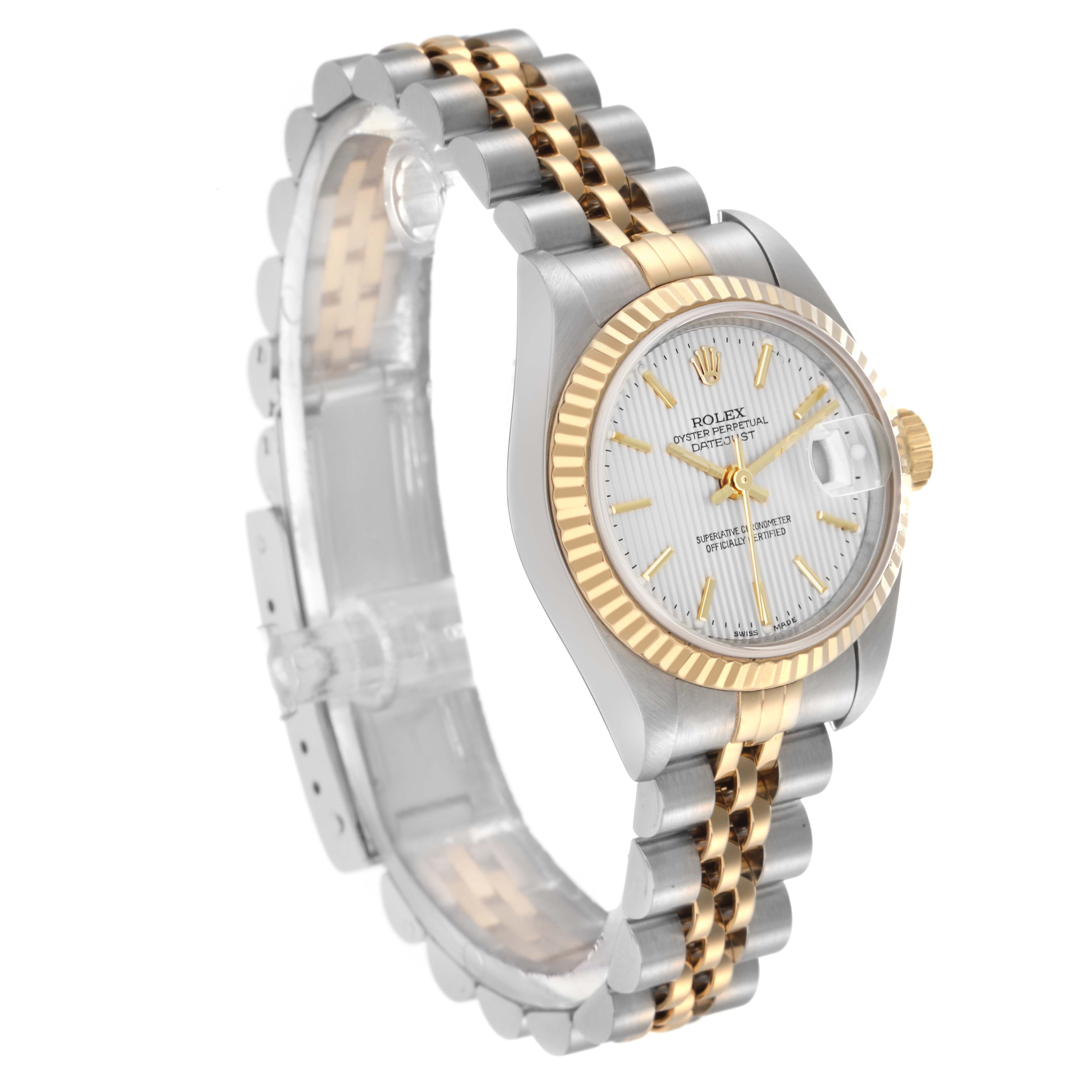 The Rolex Datejust 79173 Women's Steel and Gold (two tone) Silver Dial 79173 Women's Steel and Gold (two tone) Silver Dial is shown at a three-quarter angle, highlighting the bracelet, fluted bezel, and face.