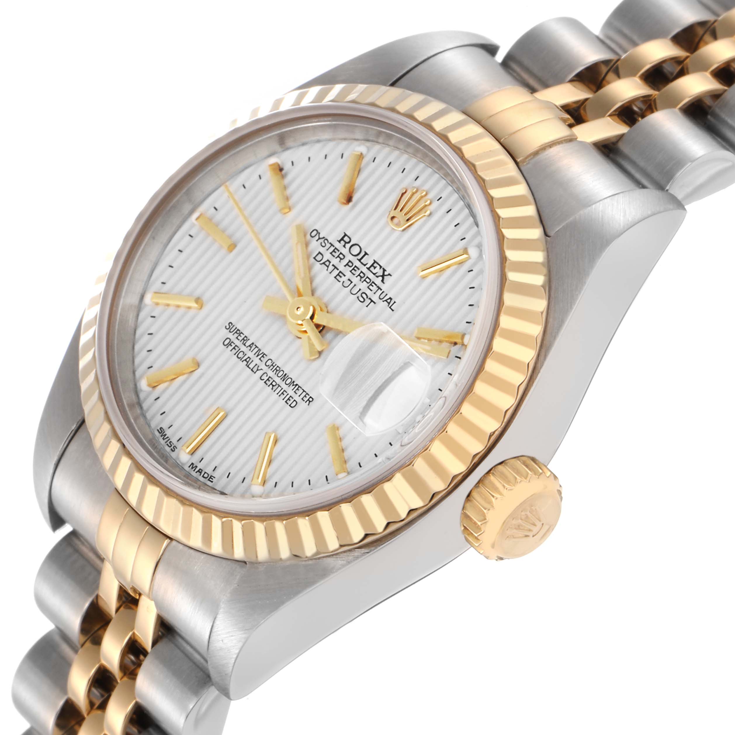 The image shows a Rolex Datejust 79173 Women's Steel and Gold (two tone) Silver Dial 79173 Women's Steel and Gold (two tone) Silver Dial watch from a side angle, highlighting the dial, fluted bezel, crown, and part of the bracelet.