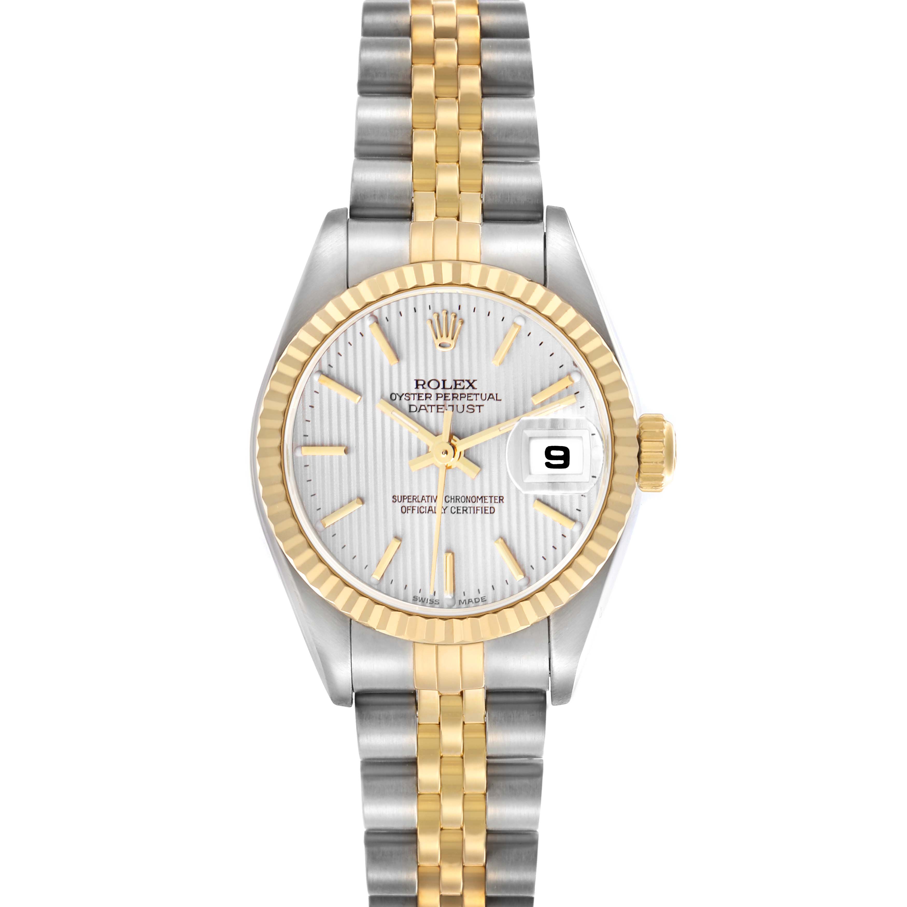 The Rolex Datejust 79173 Women's Steel and Gold (two tone) Silver Dial 79173 Women's Steel and Gold (two tone) Silver Dial watch is shown from the front, highlighting the dial, bezel, and bracelet.