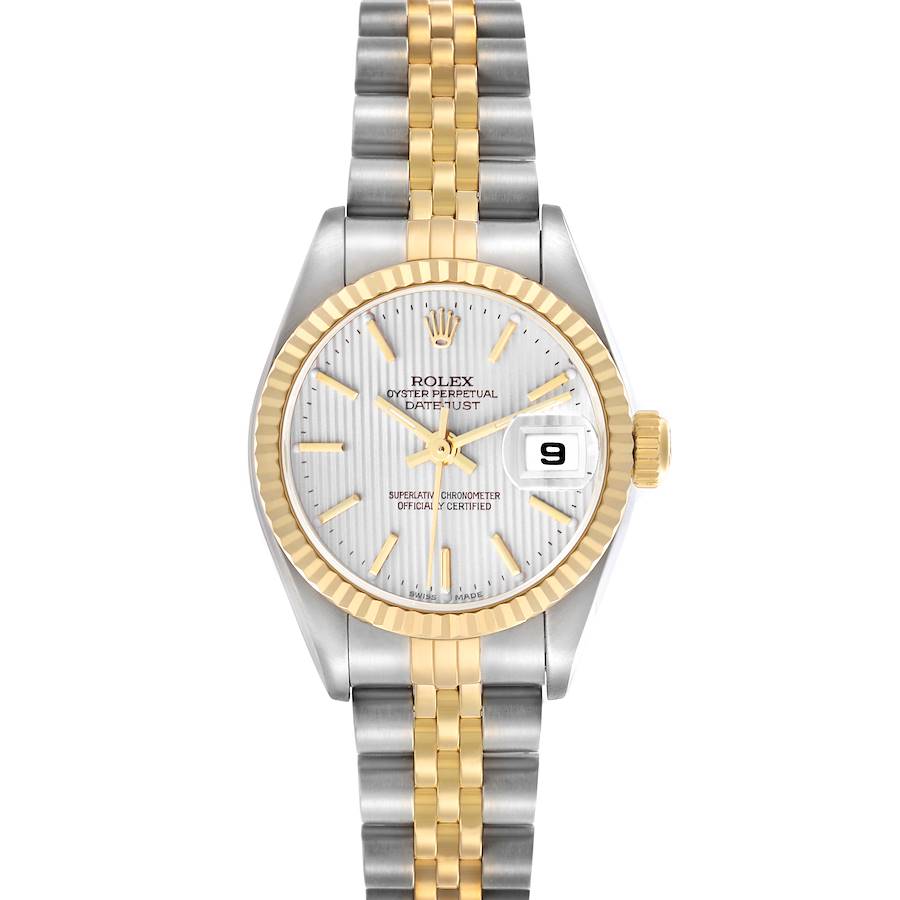 The Rolex Datejust 79173 Women's Steel and Gold (two tone) Silver Dial 79173 Women's Steel and Gold (two tone) Silver Dial watch is shown from the front, highlighting the dial, bezel, and bracelet.