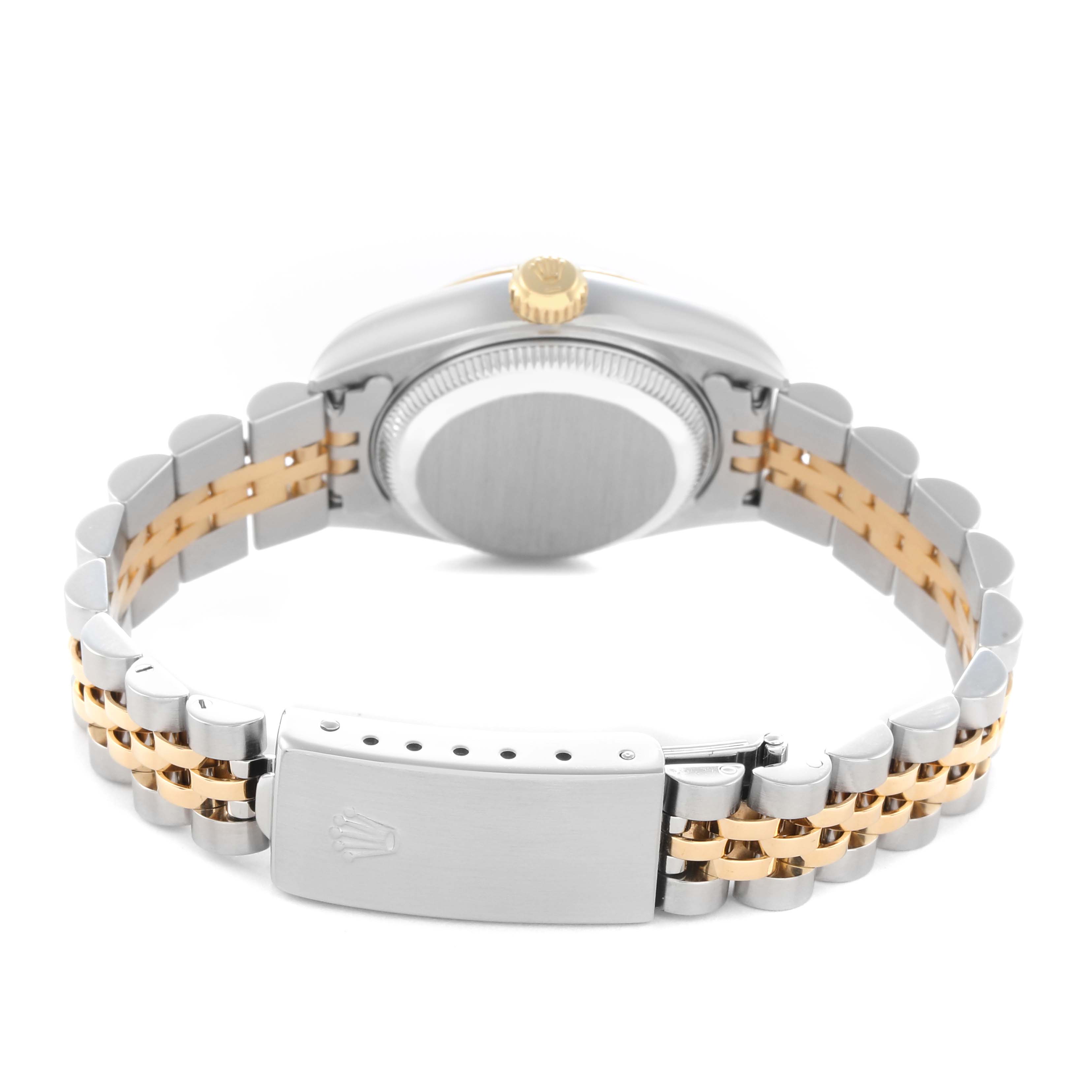 The image shows the back view of a Rolex Datejust 79173 Women's Steel and Gold (two tone) Silver Dial 79173 Women's Steel and Gold (two tone) Silver Dial watch, highlighting the case back, crown, and two-tone bracelet with clasp.