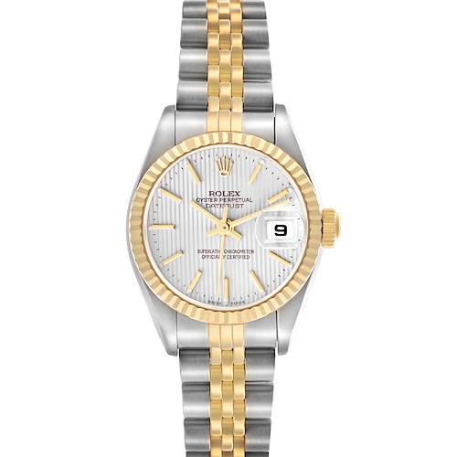 The Rolex Datejust 79173 Women's Steel and Gold (two tone) Silver Dial 79173 Women's Steel and Gold (two tone) Silver Dial watch is shown from the front, displaying the dial, fluted bezel, and Jubilee bracelet.