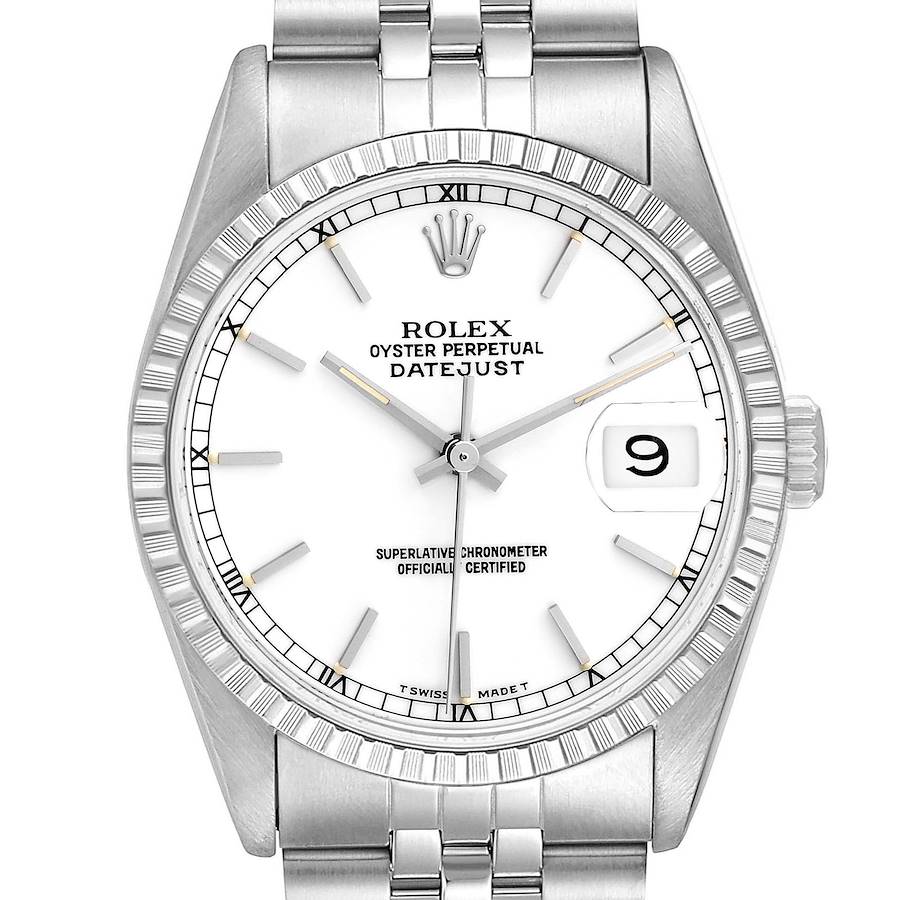 This is a close-up view of the Rolex Datejust 16220 Men's Stainless Steel White Dial 16220 Men's Stainless Steel White Dial watch, showcasing its dial, bezel, crown, and part of the bracelet.
