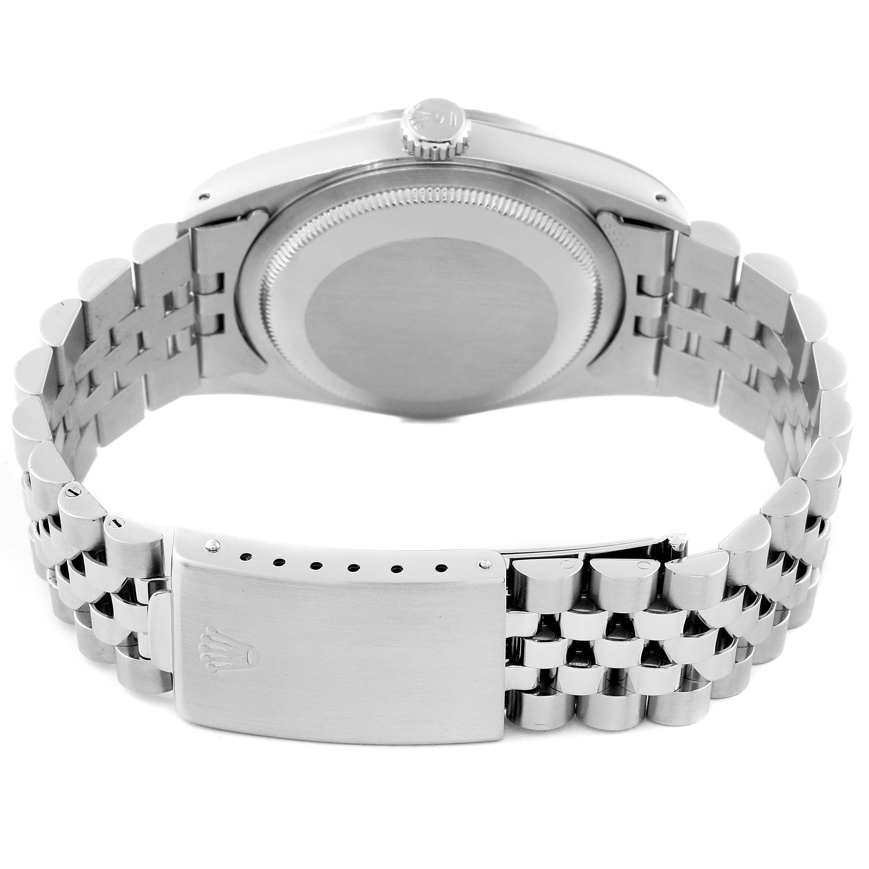 The image shows the back of a Rolex Datejust 16220 Men's Stainless Steel White Dial 16220 Men's Stainless Steel White Dial watch including the case back, crown, and bracelet with clasp.