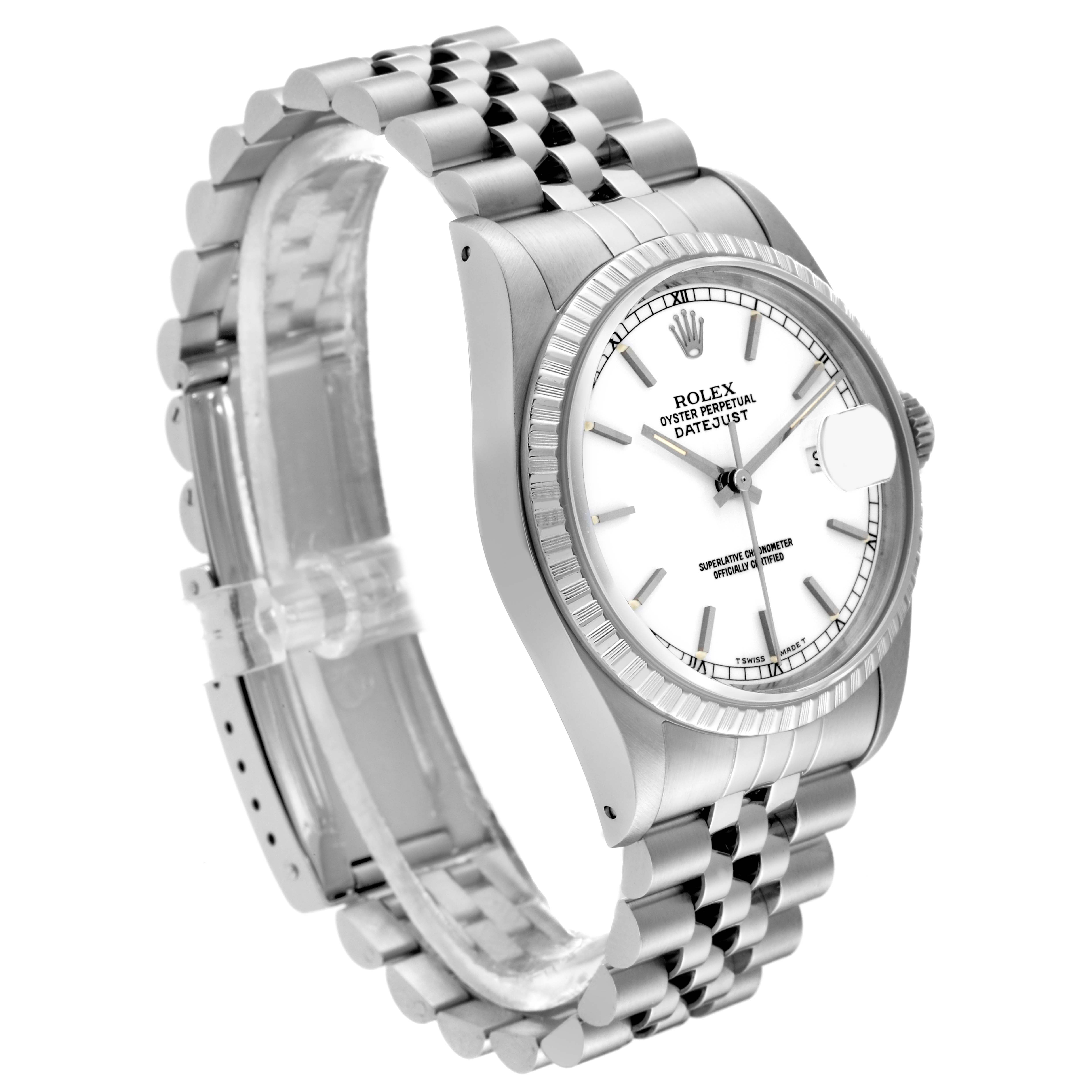 The Rolex Datejust 16220 Men's Stainless Steel White Dial 16220 Men's Stainless Steel White Dial watch is shown at an angled top-down view, displaying the watch face, bezel, and jubilee bracelet.