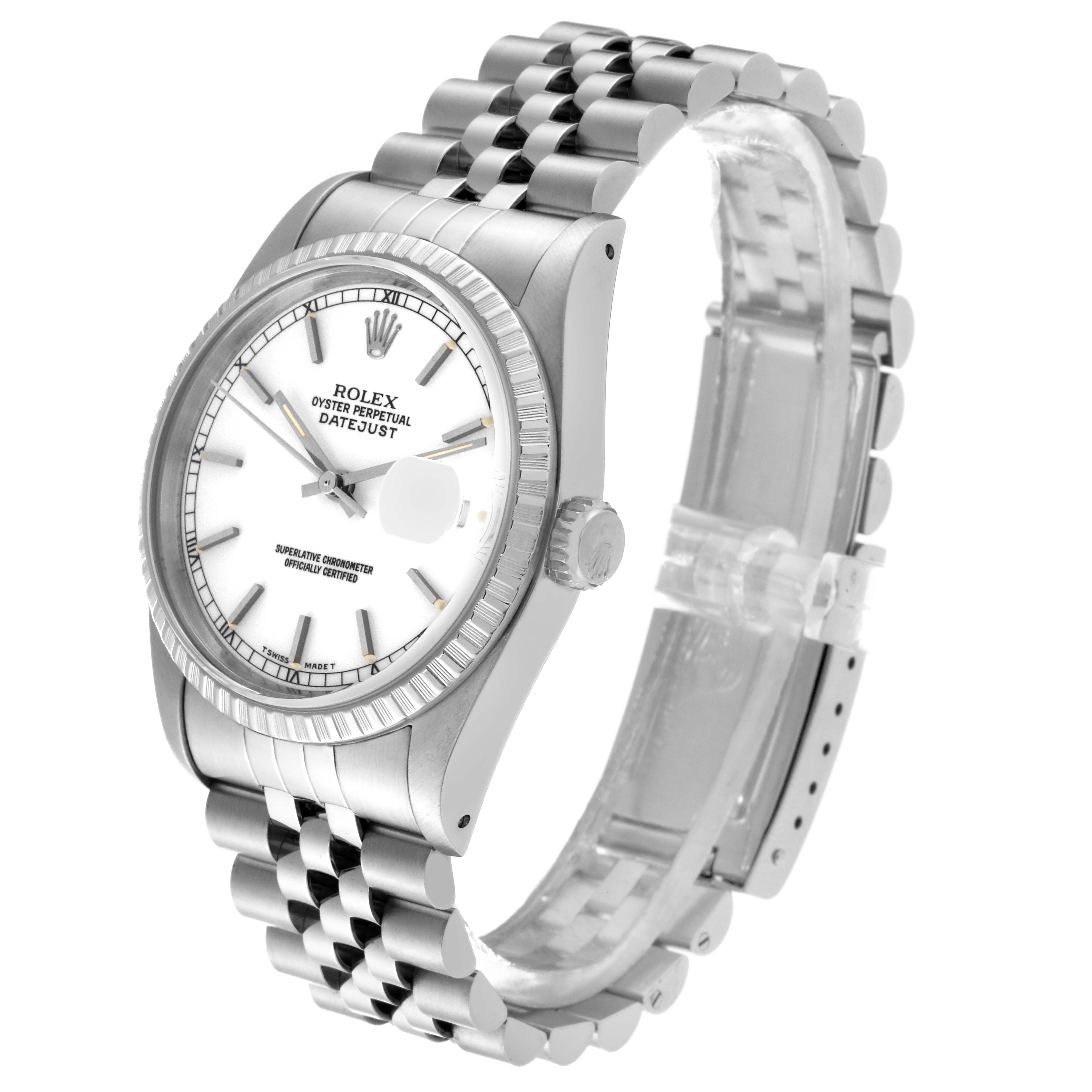 The Rolex Datejust 16220 Men's Stainless Steel White Dial 16220 Men's Stainless Steel White Dial watch is shown at a three-quarter angle, highlighting the face, crown, and a portion of the bracelet.