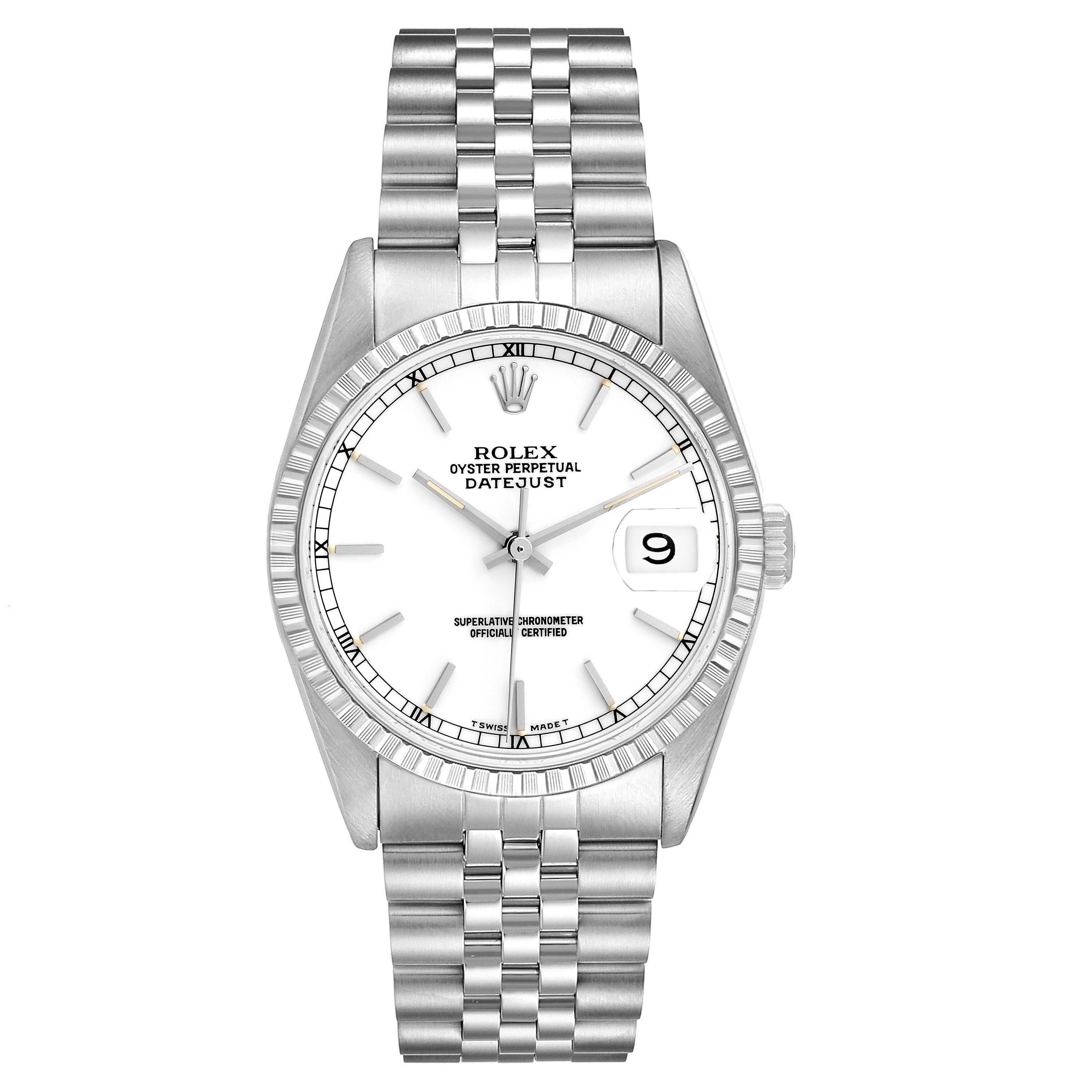 The Rolex Datejust 16220 Men's Stainless Steel White Dial 16220 Men's Stainless Steel White Dial watch is shown from a front angle, displaying the dial, bezel, and bracelet.