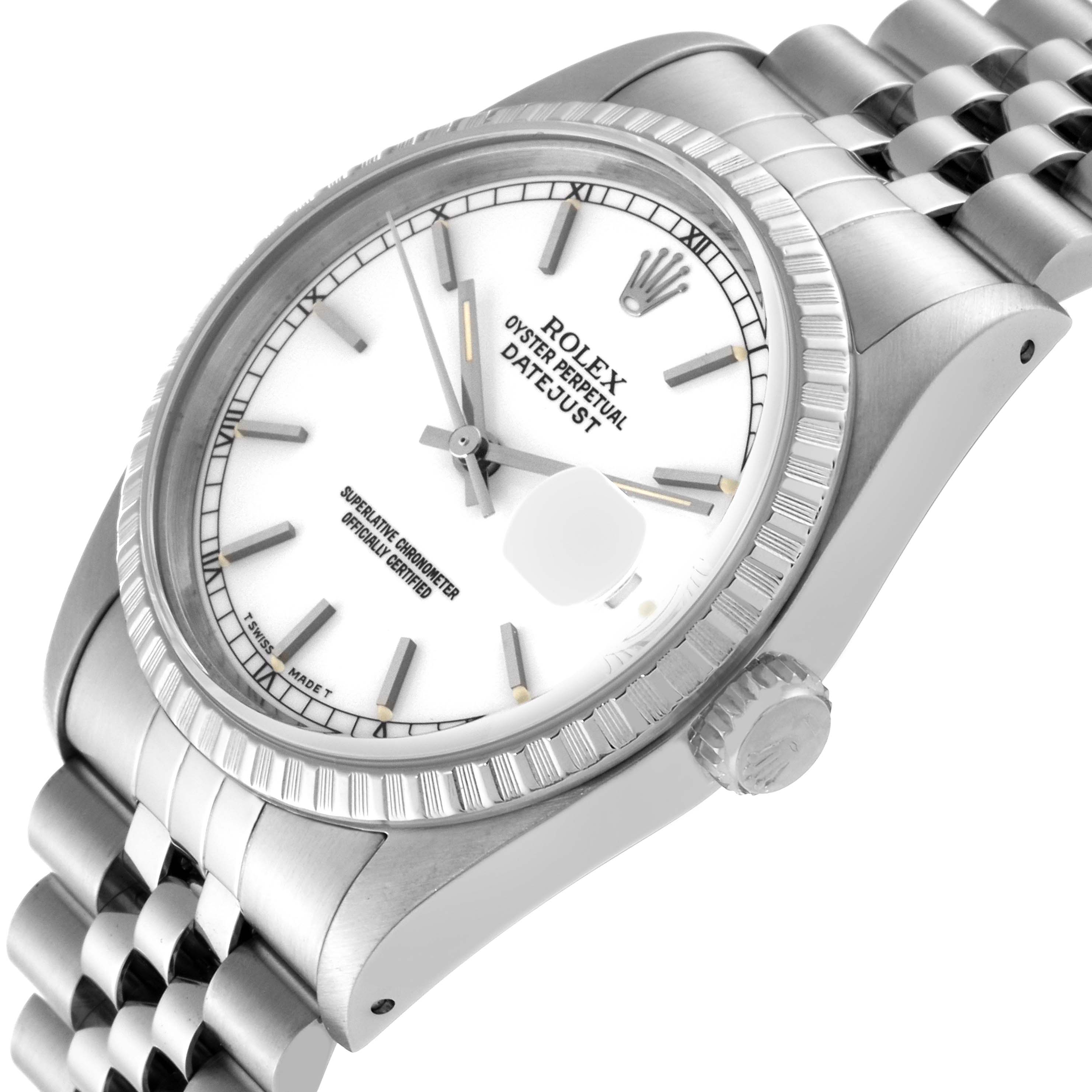 This image shows the Rolex Datejust 16220 Men's Stainless Steel White Dial 16220 Men's Stainless Steel White Dial watch at an oblique angle highlighting the dial, bezel, crown, and a portion of the bracelet.