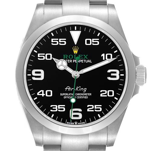 The Rolex Air-King 126900 Men's Stainless Steel Black Dial 126900 Men's Stainless Steel Black Dial watch is shown from a front angle, highlighting the dial, case, and part of the bracelet.