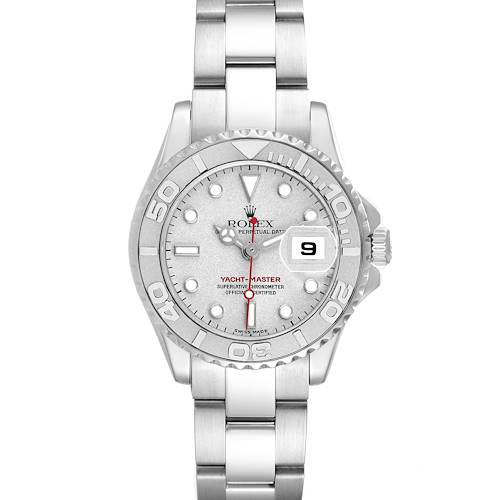 The Rolex Yacht-Master 169622 Women's Stainless Steel Silver Dial watch is shown from a front angle, displaying the dial, bezel, bracelet, and date window.