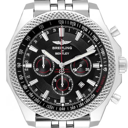 The image shows a front view of the Breitling Bentley model watch, model number A25368, highlighting its dial, chronograph subdials, bezel, and bracelet.