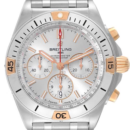 The image shows a front view of a Breitling Chronomat IB0134 Men's Stainless Steel Silver Dial IB0134 Men's Stainless Steel Silver Dial watch, highlighting its dial, bezel, and chronograph sub-dials.