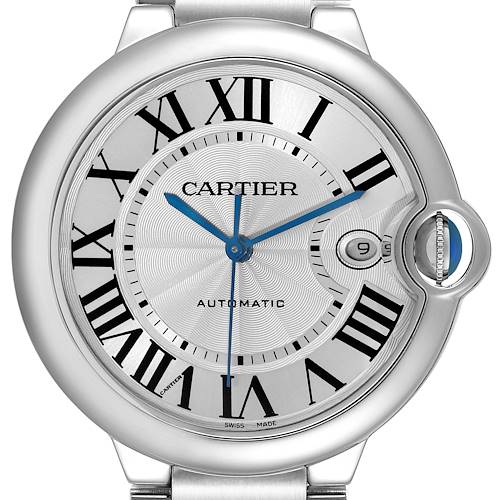 The image shows a close-up, front view of the dial and bezel of a Cartier Ballon Bleu W69012Z4 Men's Stainless Steel Silver Dial W69012Z4 Men's Stainless Steel Silver Dial watch, displaying Roman numerals and a date window.