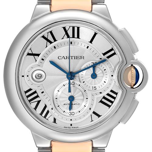 This is a close-up of the dial and case of the Cartier Ballon Bleu W6920063 Men's Steel and Gold (two tone) Silver Dial W6920063 Men's Steel and Gold (two tone) Silver Dial watch, featuring Roman numeral markers and blue hands.