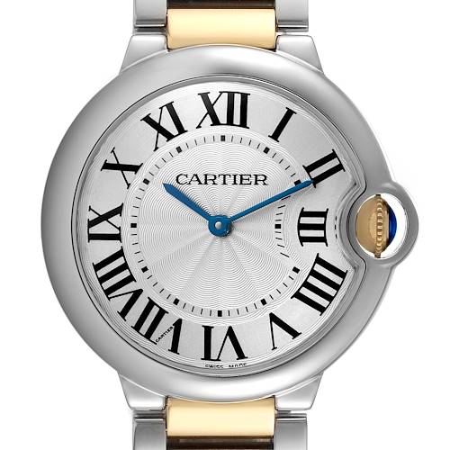 The image shows a frontal view of the Cartier Ballon Bleu, model W69008Z3, highlighting the dial with Roman numerals and the crown with a blue cabochon.