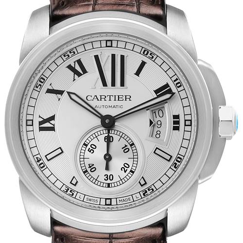 The image shows a frontal view of the Calibre de Cartier men's watch, model W7100037, displaying its dial, hands, subdial, date window, and crown.