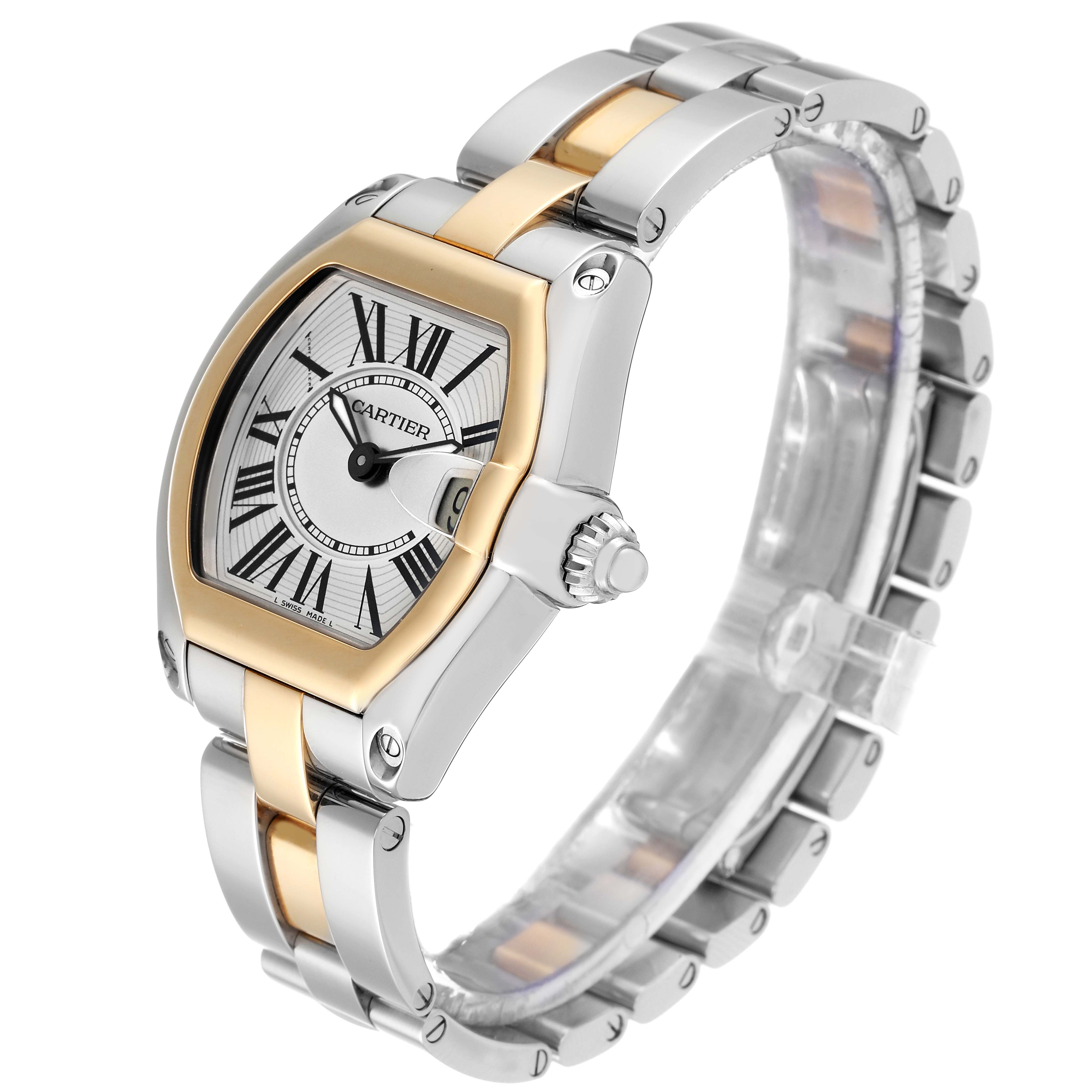 The image shows a Cartier Roadster W62026Y4 Women's Steel and Gold (two tone) Silver Dial W62026Y4 Women's Steel and Gold (two tone) Silver Dial watch angled to display the face, band, and crown.