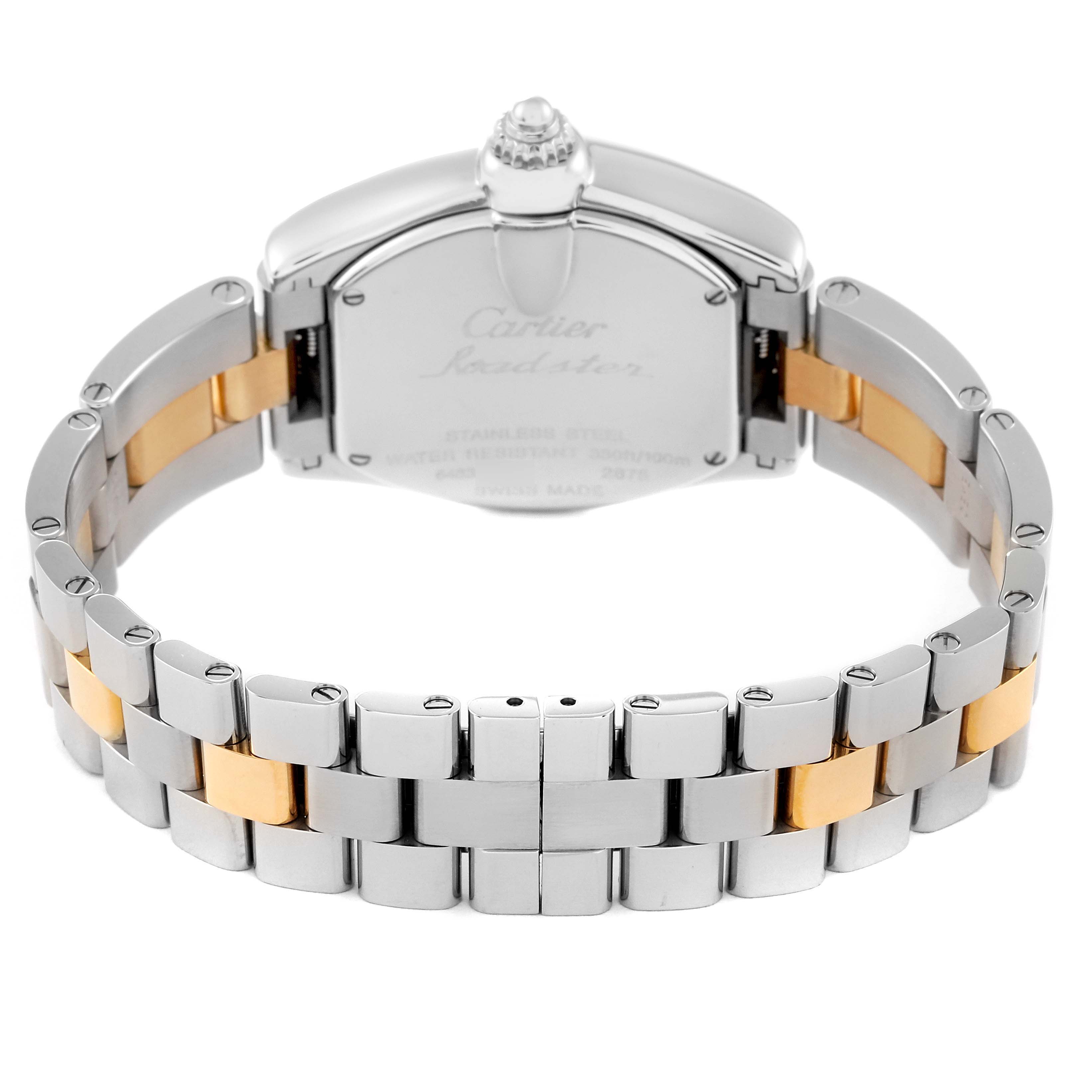 This image shows the back case and bracelet of a Cartier Roadster W62026Y4 Women's Steel and Gold (two tone) Silver Dial W62026Y4 Women's Steel and Gold (two tone) Silver Dial watch, highlighting the stainless steel and gold links.