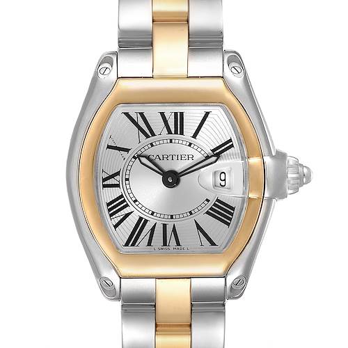 This image shows a frontal view of the Cartier Roadster W62026Y4 Women's Steel and Gold (two tone) Silver Dial W62026Y4 Women's Steel and Gold (two tone) Silver Dial watch, highlighting its dial, bezel, and part of the bracelet.